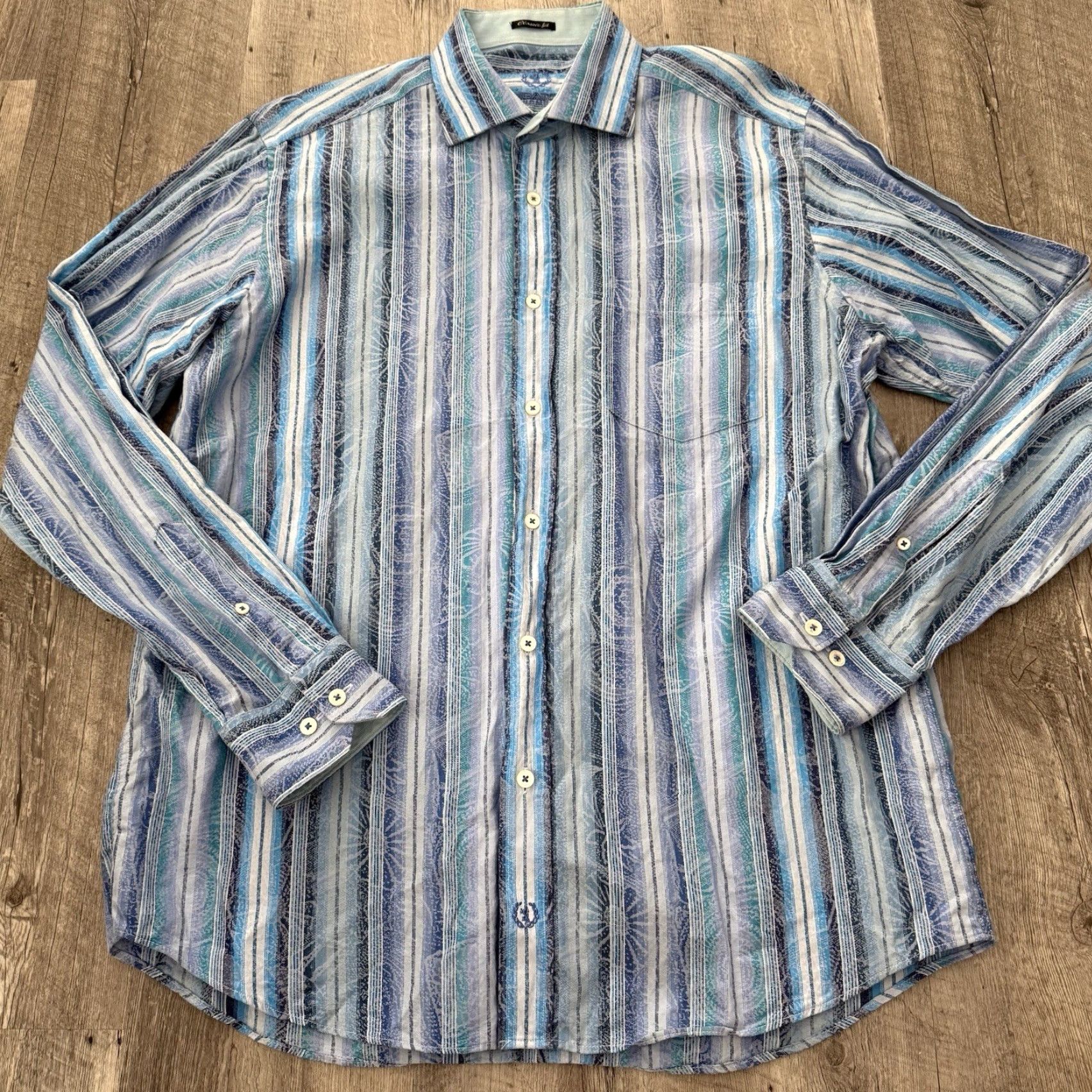 BUGATCHI BUGATCHI Shirt Mens Large Classic Fit Blue Striped Spread Collar 100% Cotton Size US L / EU 52-54 / 3 - 8 Thumbnail