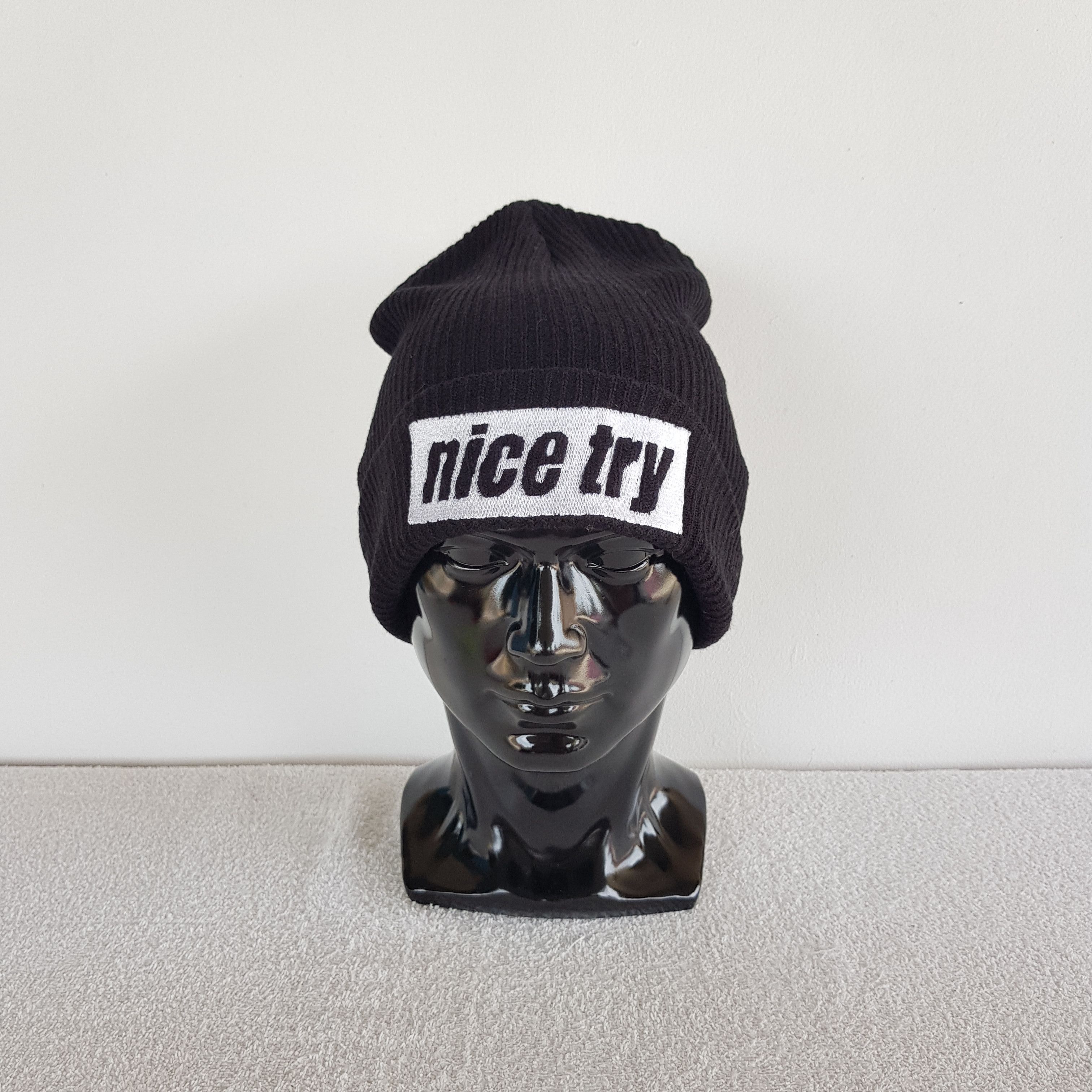 Vintage Nice Try Beanie Humor Snow Cap Ribbed Knit Crochet Hats. Size ONE SIZE - 1 Thumbnail