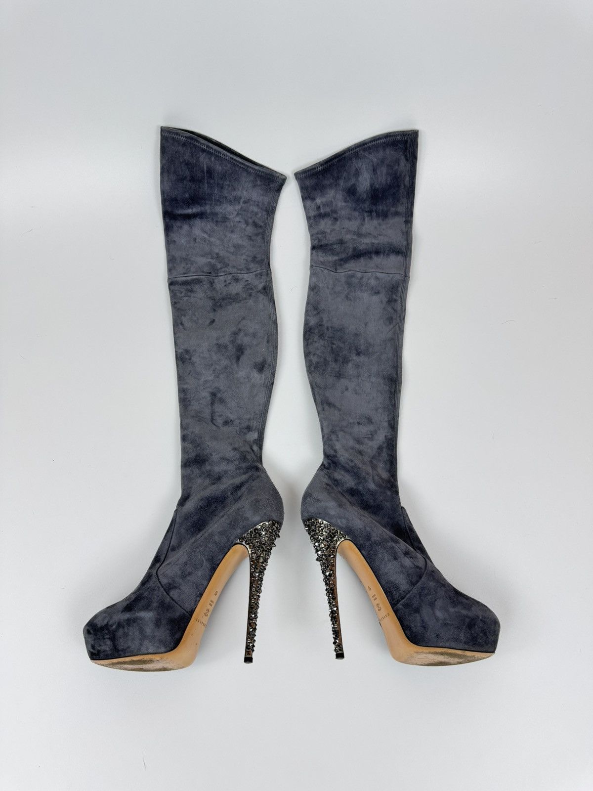 Casadei × Casedei CASADEI Suede Over The Knee Boots Stiletto Crystal Heels Size US 10 / IT 40 - 2 Thumbnail