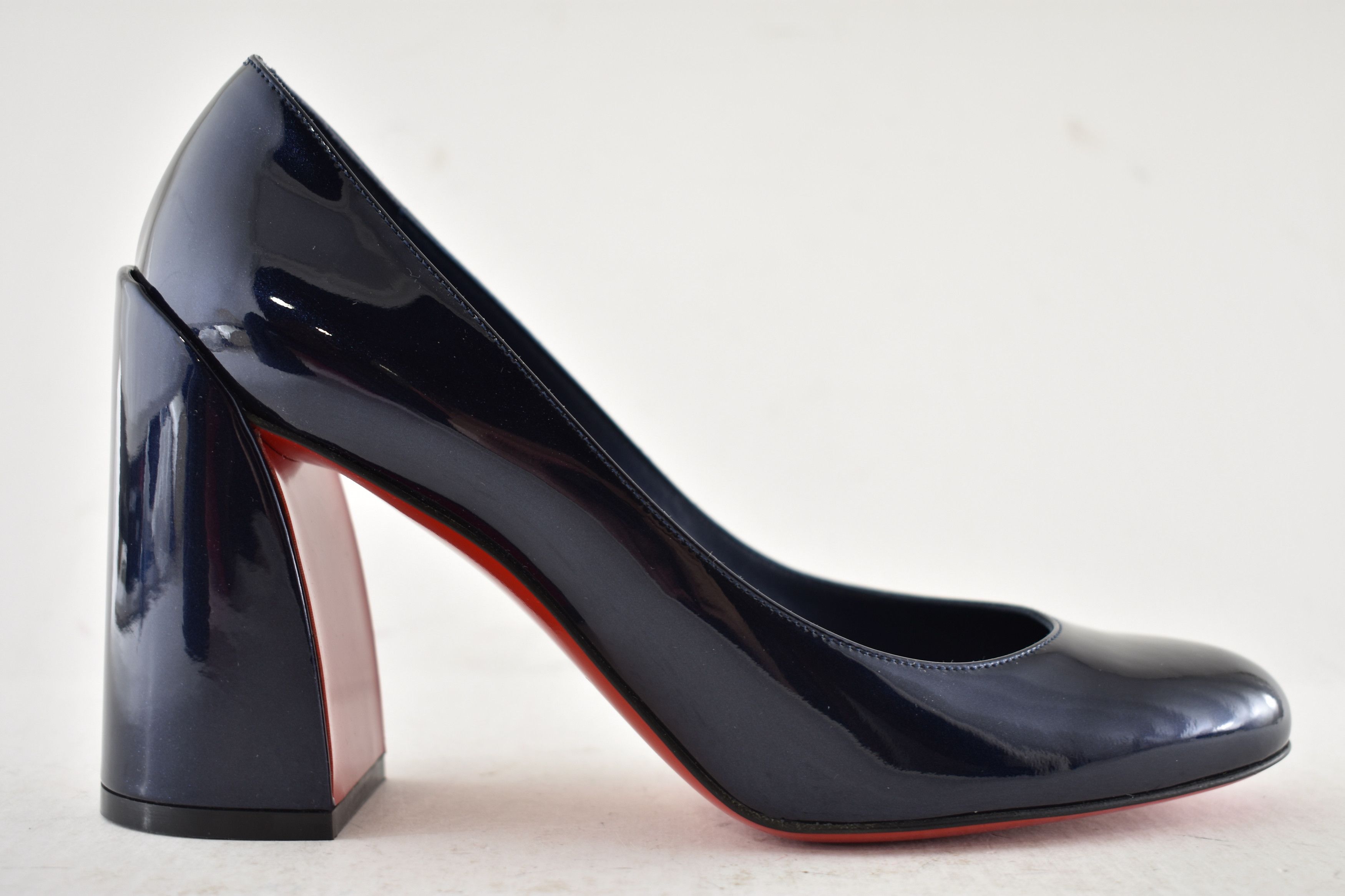 Christian Louboutin Miss Sab 85 Zaffiro Navy Blue Patent Block Heel Pump 37 Size US 7 / IT 37 - 2 Thumbnail