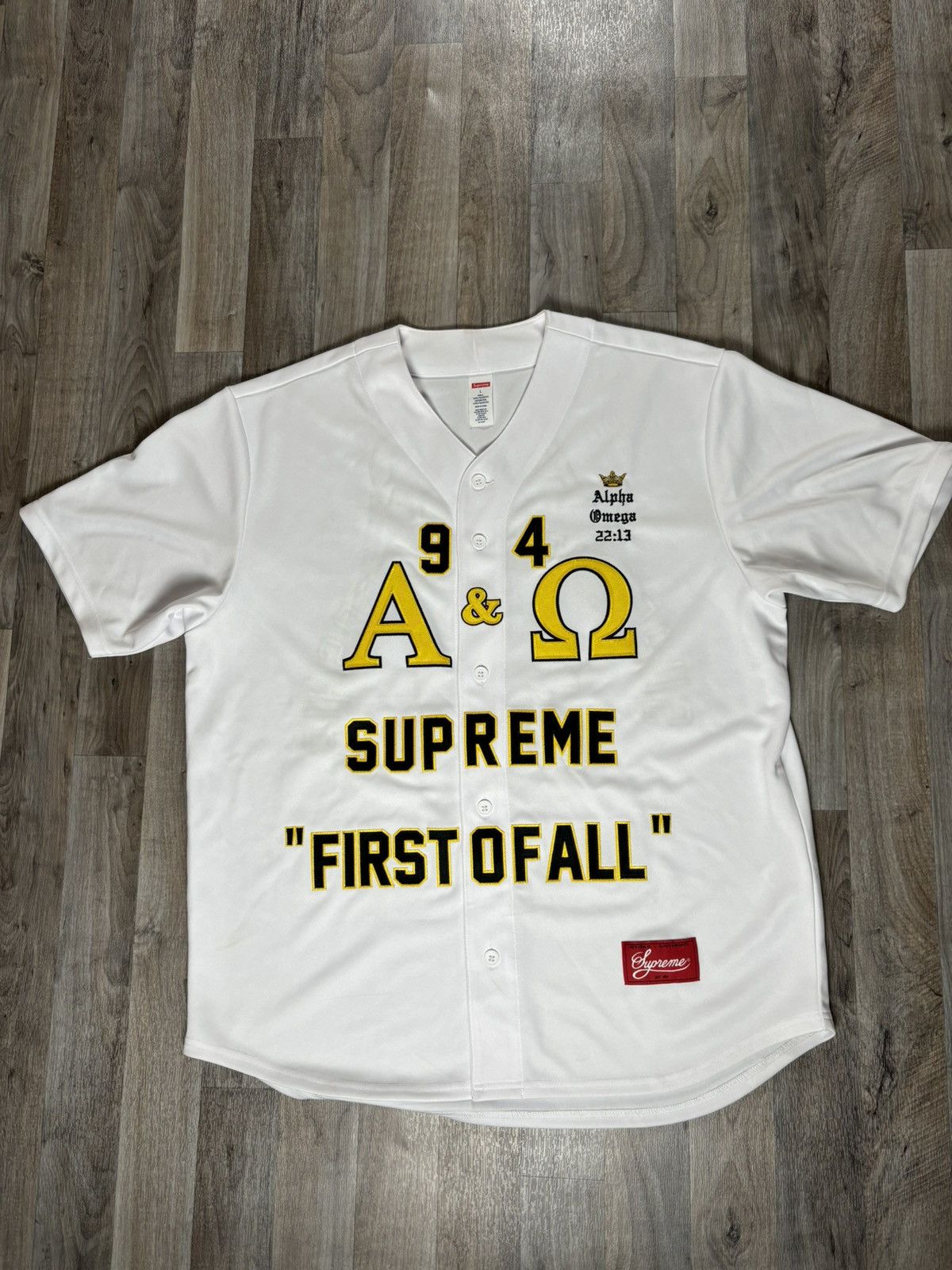 Supreme Supreme Alpha Omega Baseball Jersey White | Grailed