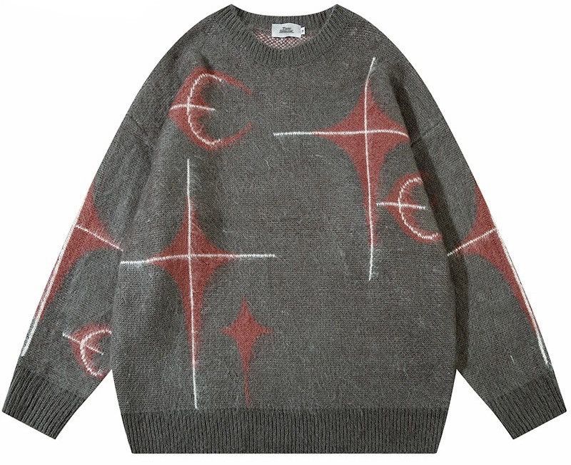 image of Coloured Cable Knit Sweater Men's Star Moon Graphic Knitted Sweater in Grey (Size 2XL)