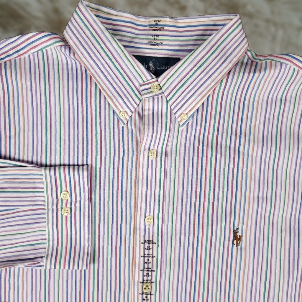 Ralph Lauren Shirt Adult 18 Purple Striped Long Sleeve Button-Down Pony Logo Classic Fit Mens