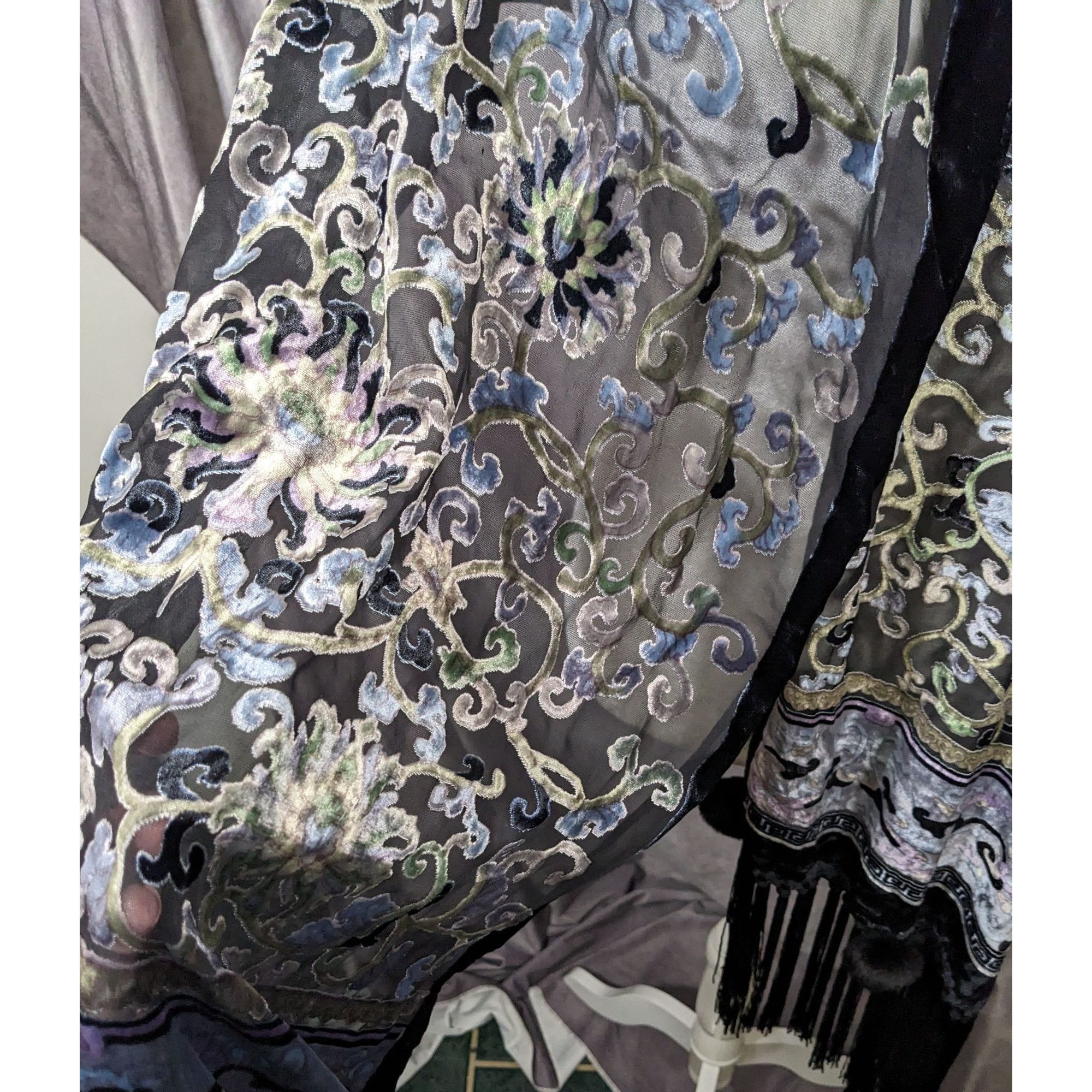 Other Vintage Fantasy Black And Pastel Velvet Burnout Scarf With F Size ONE SIZE - 10 Thumbnail