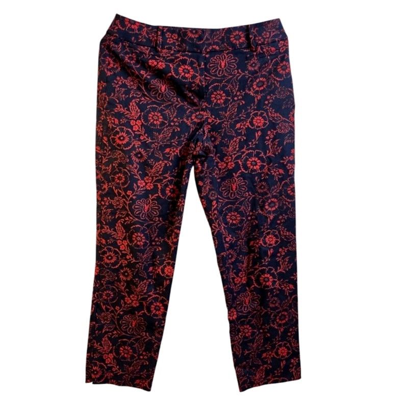 Loft LOFT Julie Navy & Red Floral Ankle Pants Size 4 Size 27" / US 4 / IT 40 - 2 Thumbnail