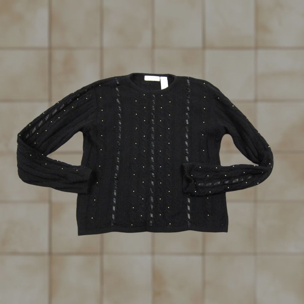 Liz Claiborne Liz Claiborne Sweater Womens Medium Black Angora Wool Beaded Cable-Knit Crew Neck Pullover 90s Classic Knit Casual Business Women Size M / US 6-8 / IT 42-44 - 1 Thumbnail