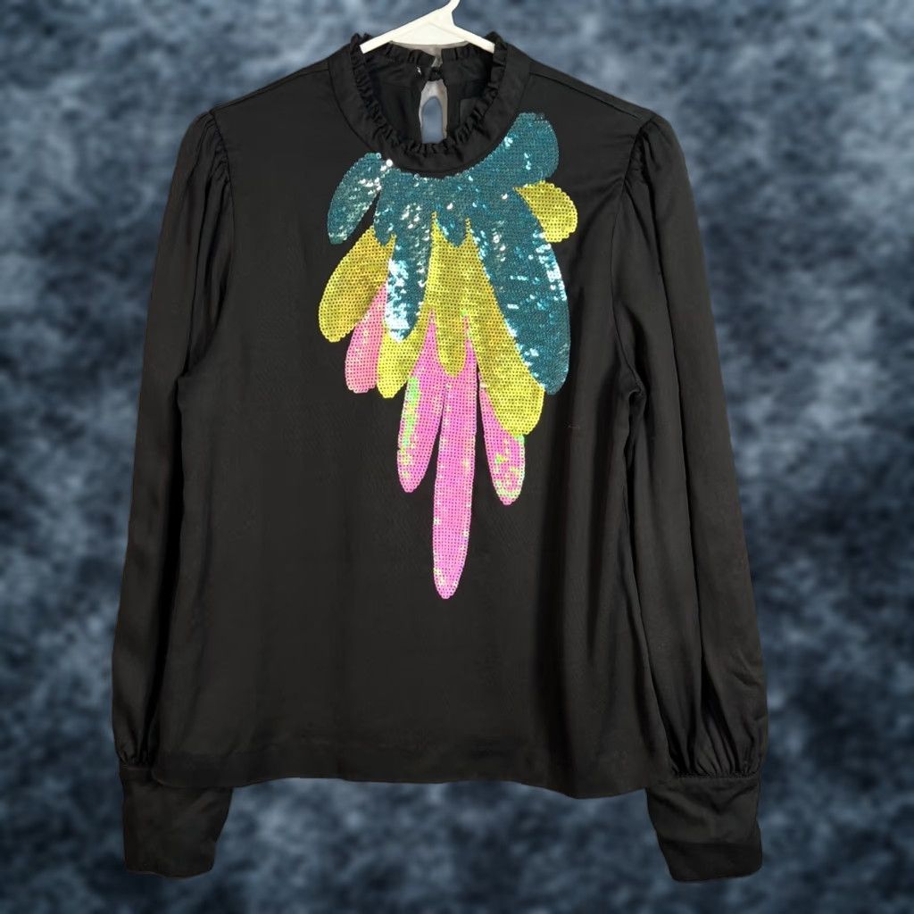 Cynthia Rowley Cynthia Rowley Blouse Womens Size 8 Black Long-Sleeve Top Sequin Feather Design Vintage No Size M / US 6-8 / IT 42-44 - 1 Thumbnail