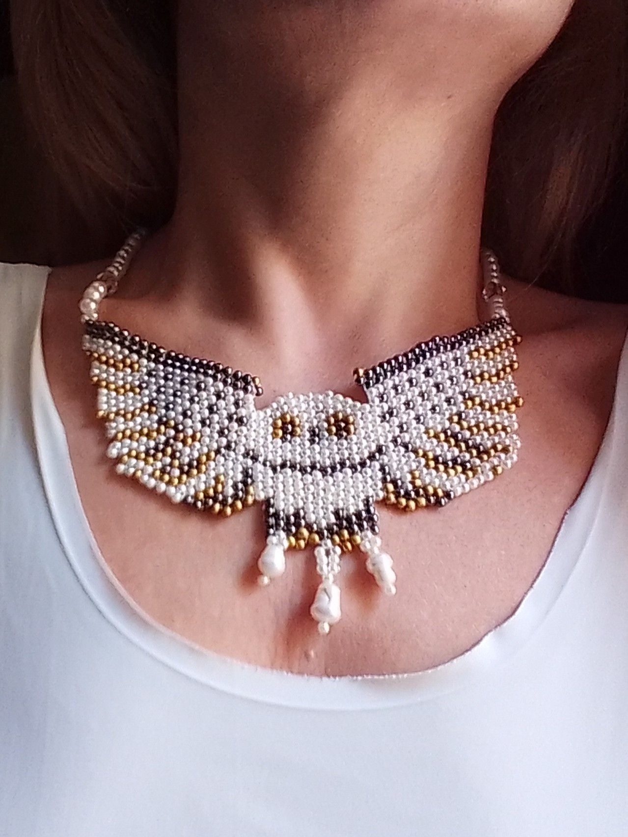 Handmade Choker Necklace Owl shaped with Freshwater pearls Size ONE SIZE - 6 Thumbnail
