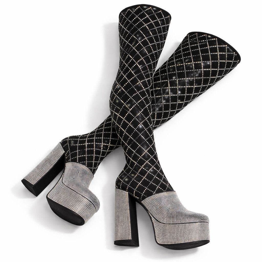 Diamonds Black Silver Rhinestone Stretch Thigh High Chunky H
