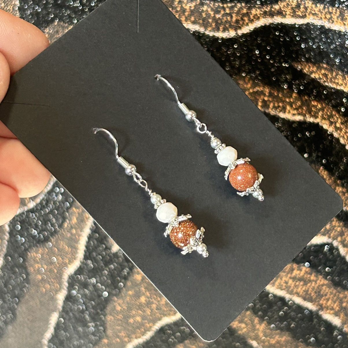 Handmade Handcrafted elegant bead capped goldstone faceted earrings Size ONE SIZE - 1 Thumbnail