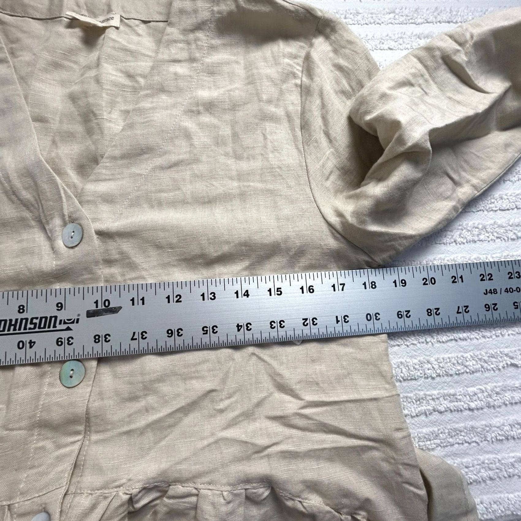 Vintage Jennifer & Grace Blouse Womens Medium Beige 3/4 Sleeve Peplum Dropwaist Linen Rayon V-Neck Button Holiday Casual Womens Size M / US 6-8 / IT 42-44 - 7 Thumbnail
