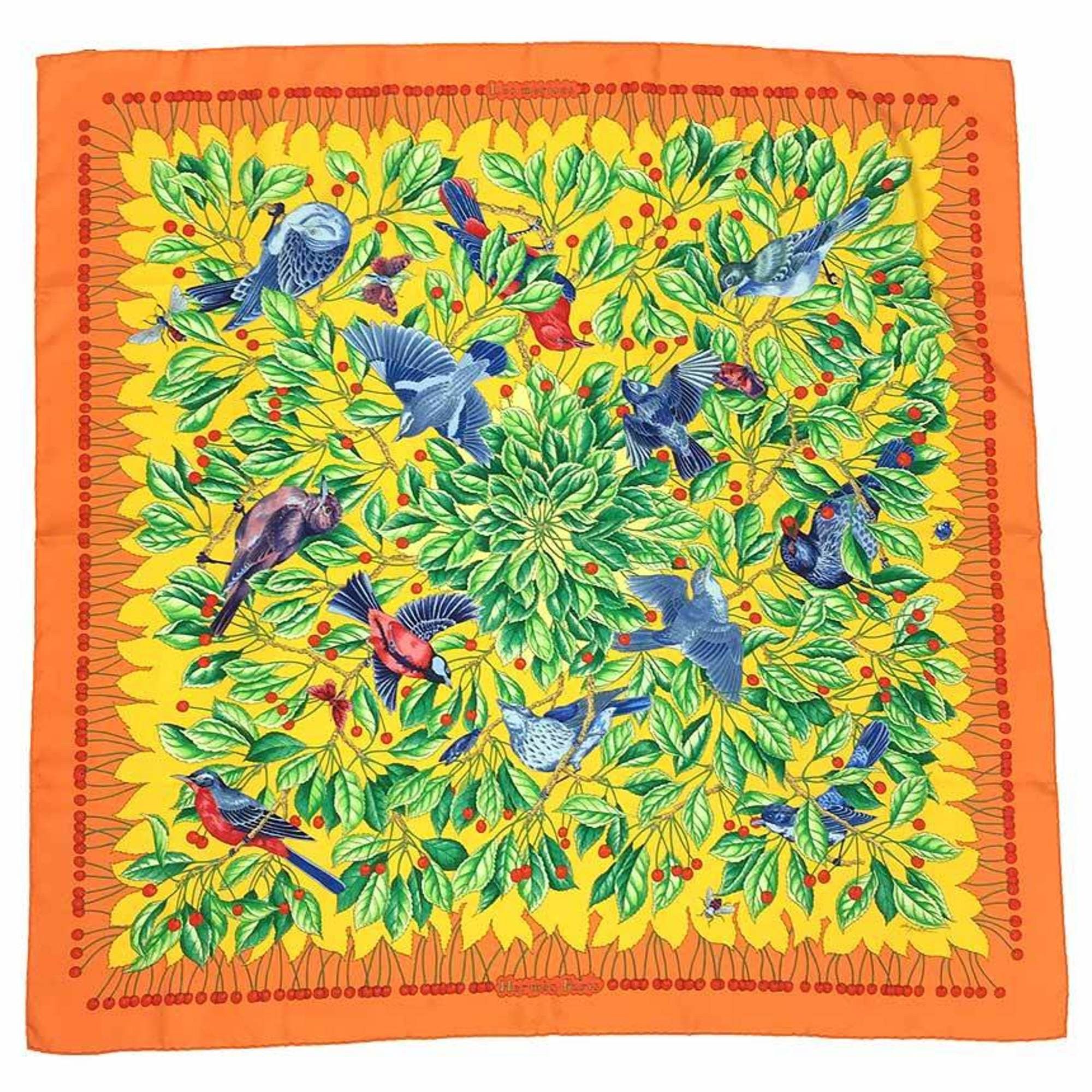 Hermes Hermes Scarf Muffler Carre 90 Les merises Cherries Bird 1993 Silk Orange x Yellow Size ONE SIZE - 1 Thumbnail