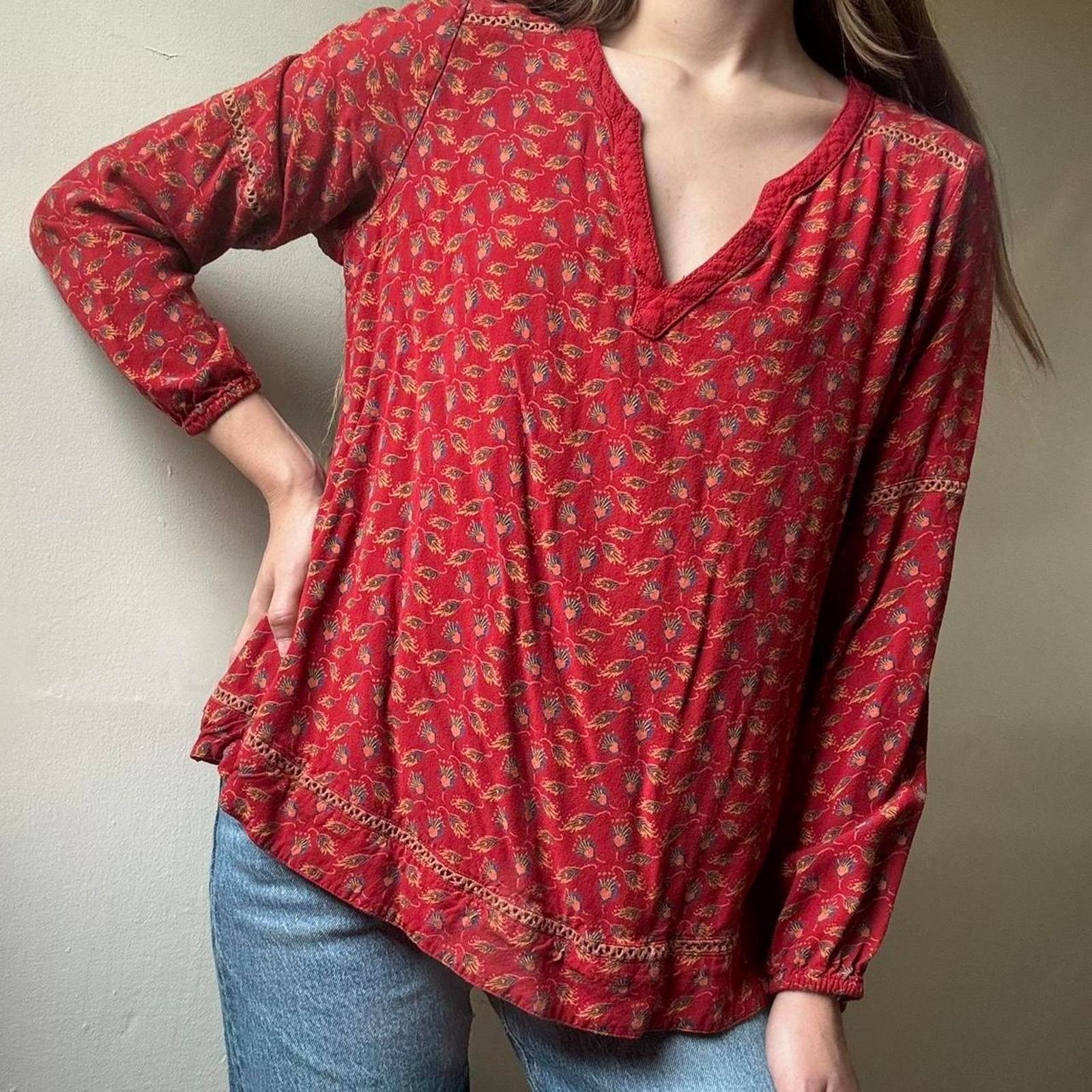 Mountain Khakis Mountain Khakis Red Peacock Feather Tunic Blouse Large Boho Size L / US 10 / IT 46 - 2 Thumbnail