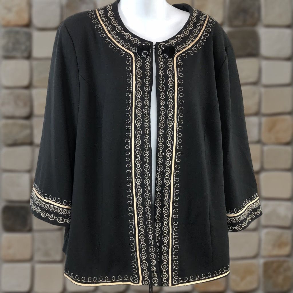Vintage Lily Stanhope Jacket 1X Black Gold Embroidered 3/4 Sleeve Victorian Kimono City Classic Edwardian Coquette Caped Swing Jacket Womens Size XL / US 12-14 / IT 48-50 - 1 Thumbnail