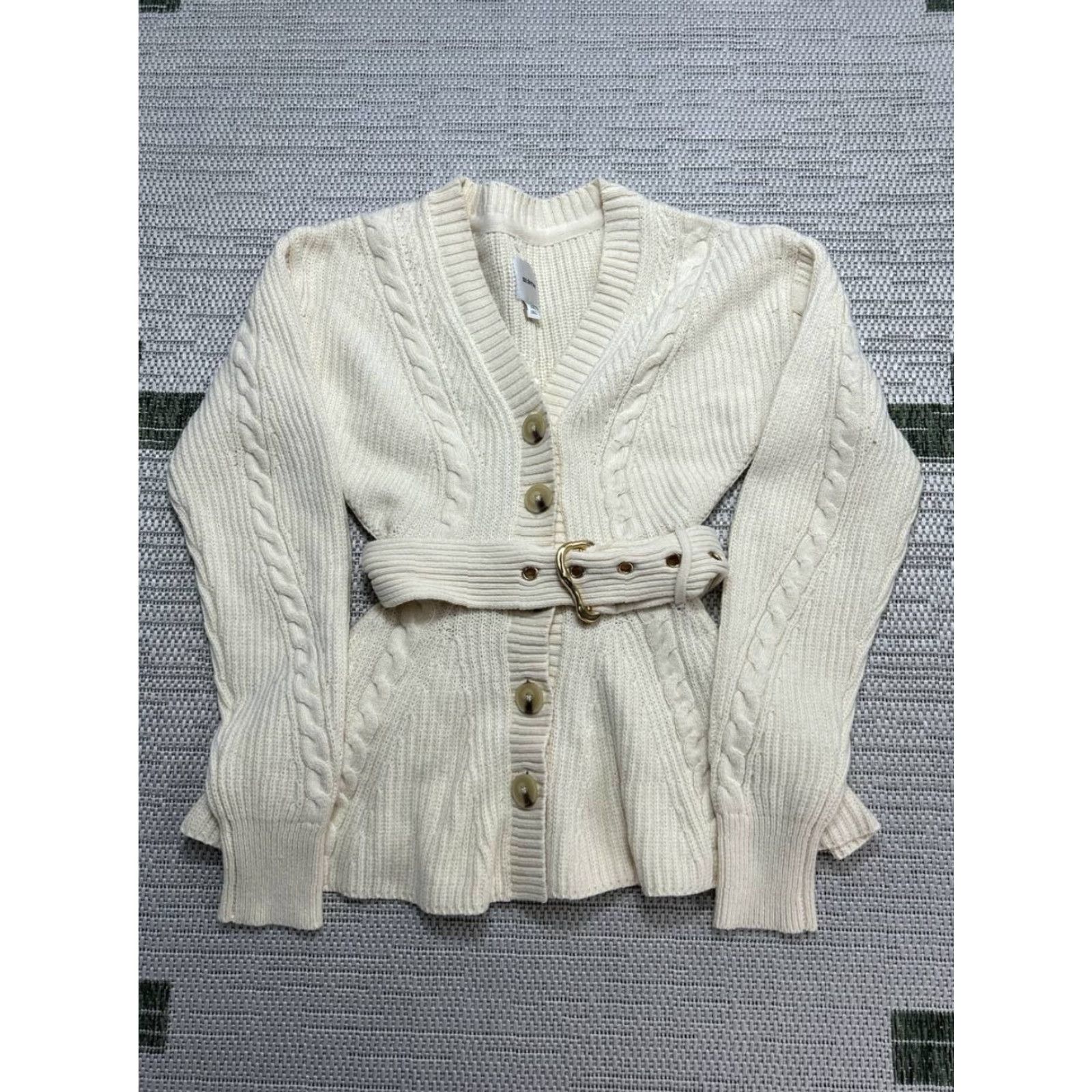 Vintage Maeve Cardigan Sweater Women XXS Beige Cotton Cable Knit Belted Casual New Size XXS / US 00 / IT 34 - 2 Thumbnail