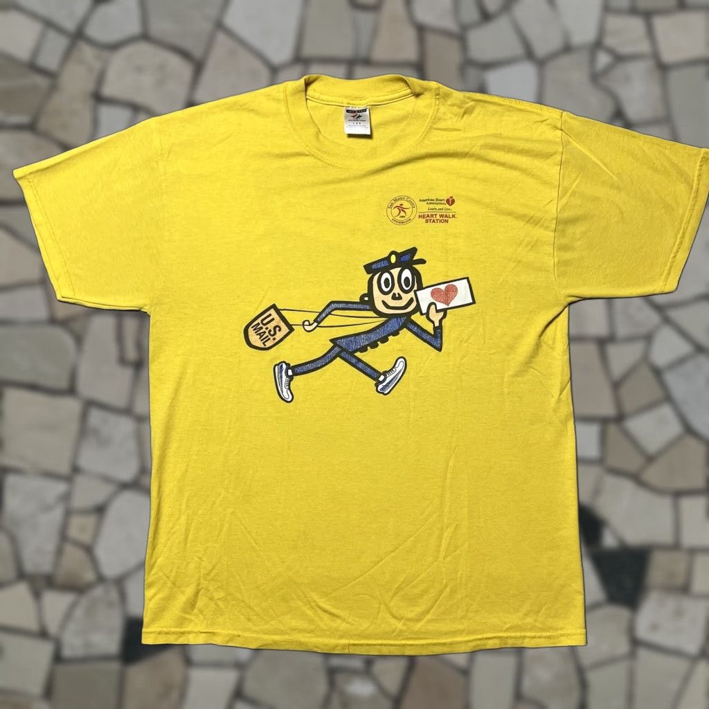 VINTAGE Jerzees USPS Postal Service Mail Cartoon T Shirt Large Mens Yellow Cotton Knit Short Sleeve Crew Neck Graphic Print Solid Pattern