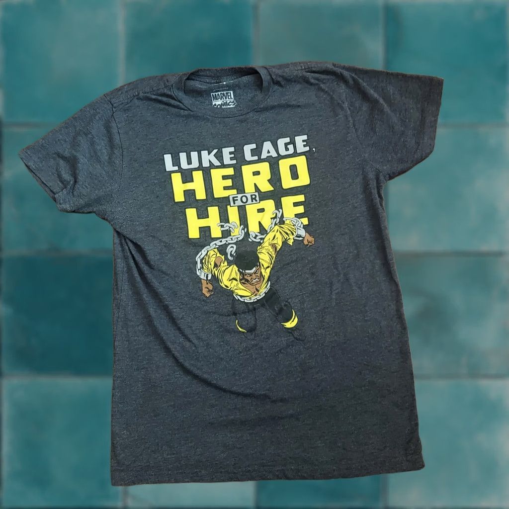 Vintage Marvel Luke Cage Hero For Hire Mens T-Shirt 70's Style Luke Under Logo Sz M Gray Short Sleeve Crew Neck Graphic Print Regular Tee Size US M / EU 48-50 / 2 - 1 Thumbnail