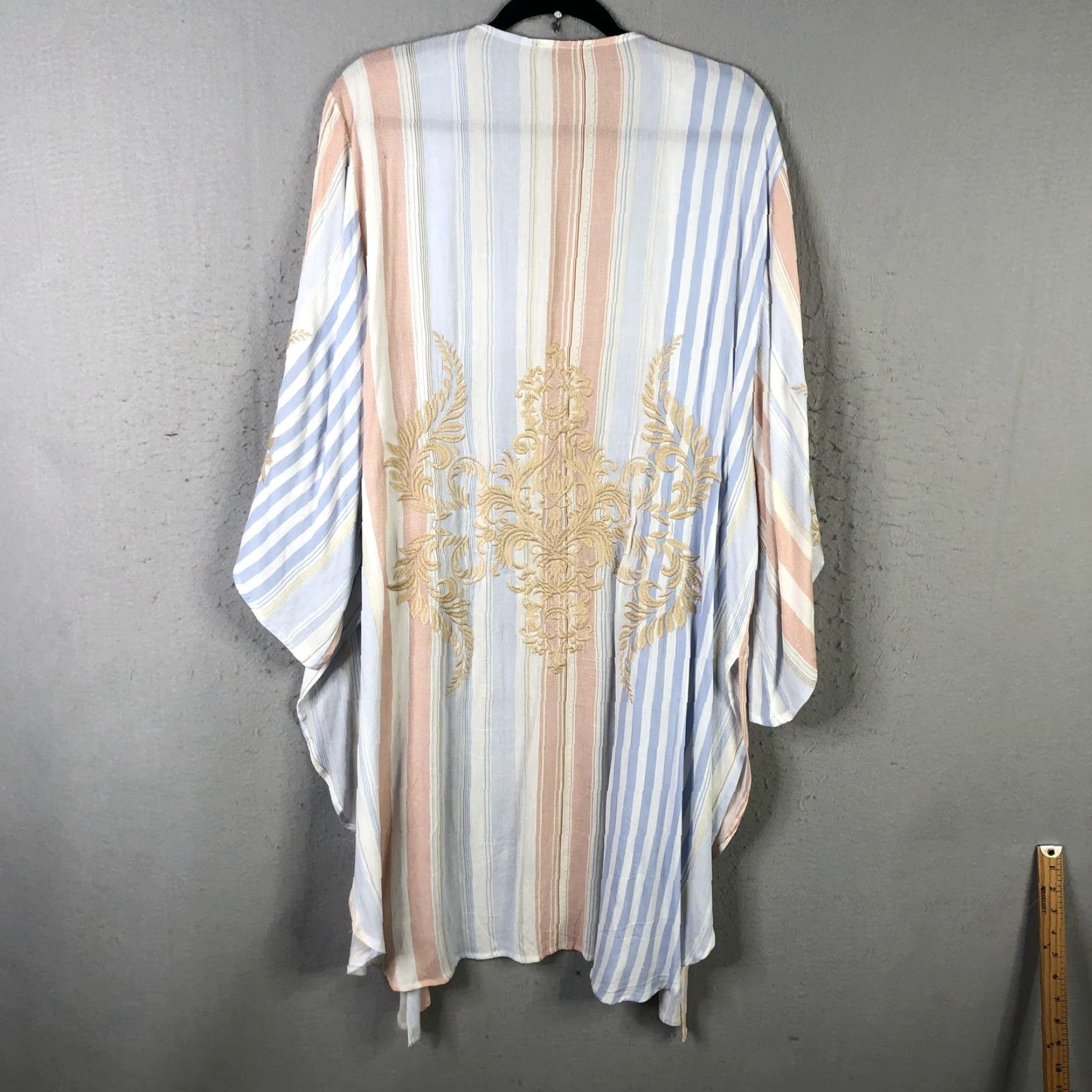 Vintage VINTAGE Andree by UNIT Kimono Cardigan Womens L Blue Peach Stripe Embroidered Boho Open-Front Lightweight Size L / US 10 / IT 46 - 2 Thumbnail