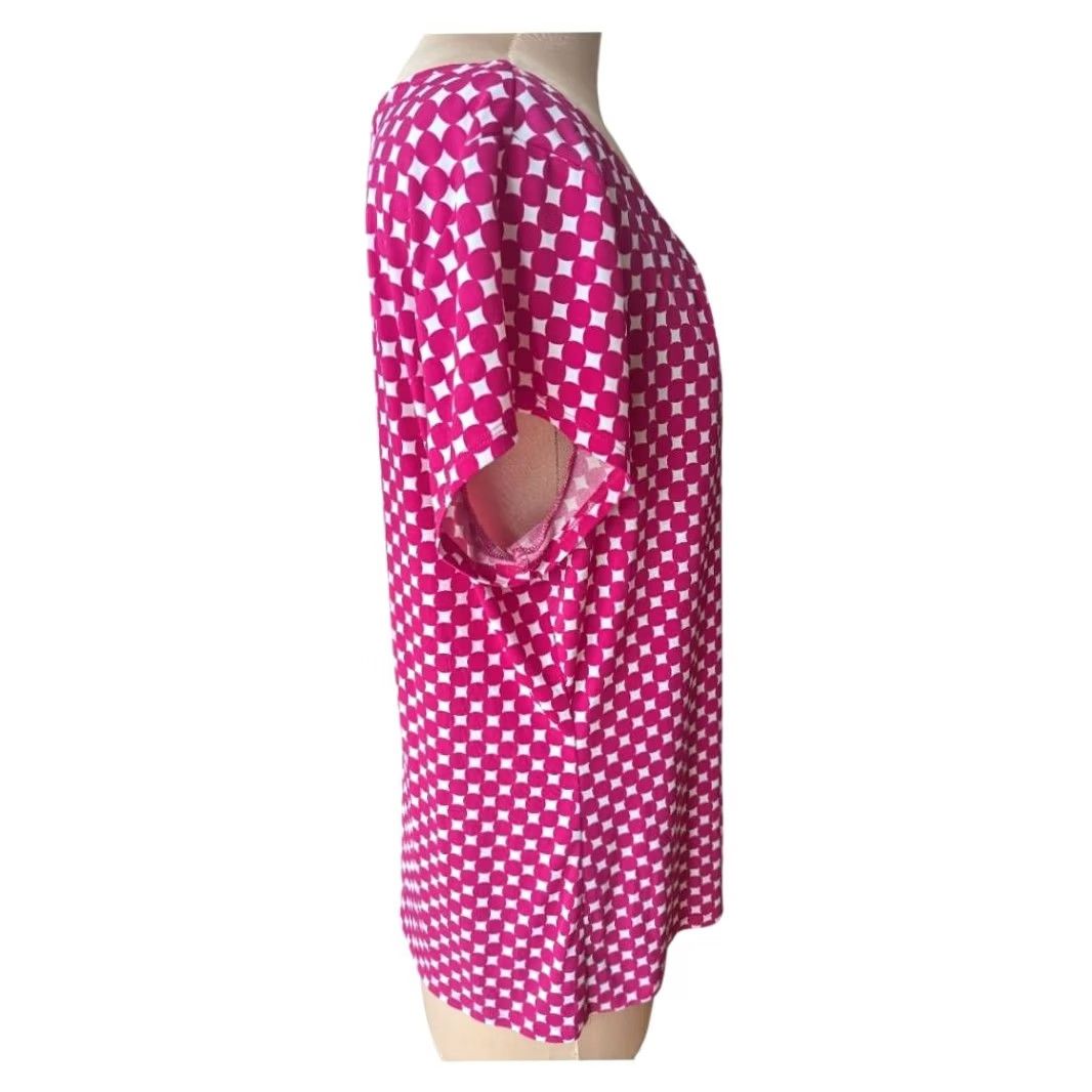 Worthington Worthington Pink White Geometric Circle Print Scoop Neck Short Sleeve Top Womens 1X Retro Size XL / US 12-14 / IT 48-50 - 3 Thumbnail