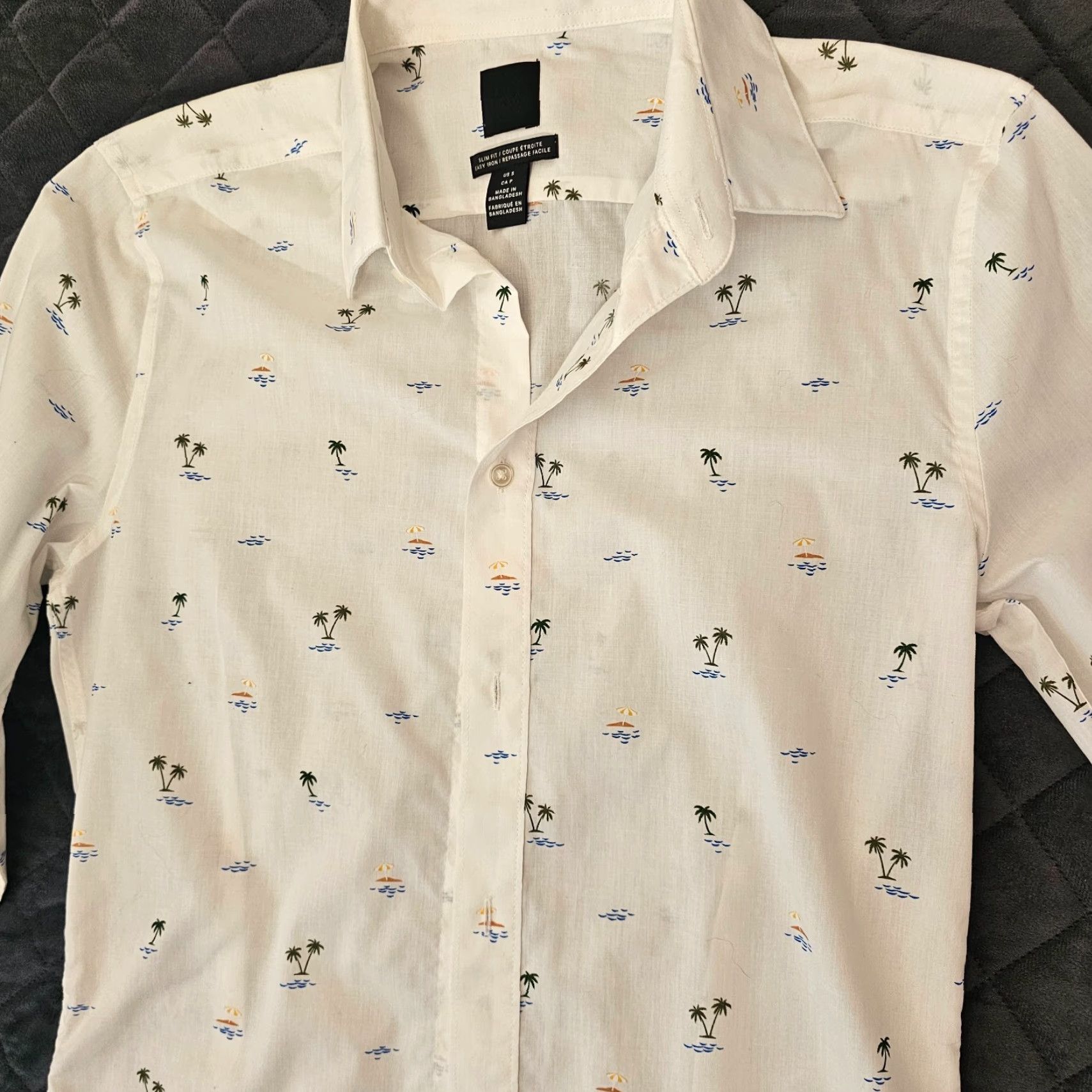 H&M H&M Shirt Men Button-Down White Palm Trees Print Long Sleeve Size S Geometric Pattern Cotton Blend Reg Fit Size US S / EU 44-46 / 1 - 4 Thumbnail