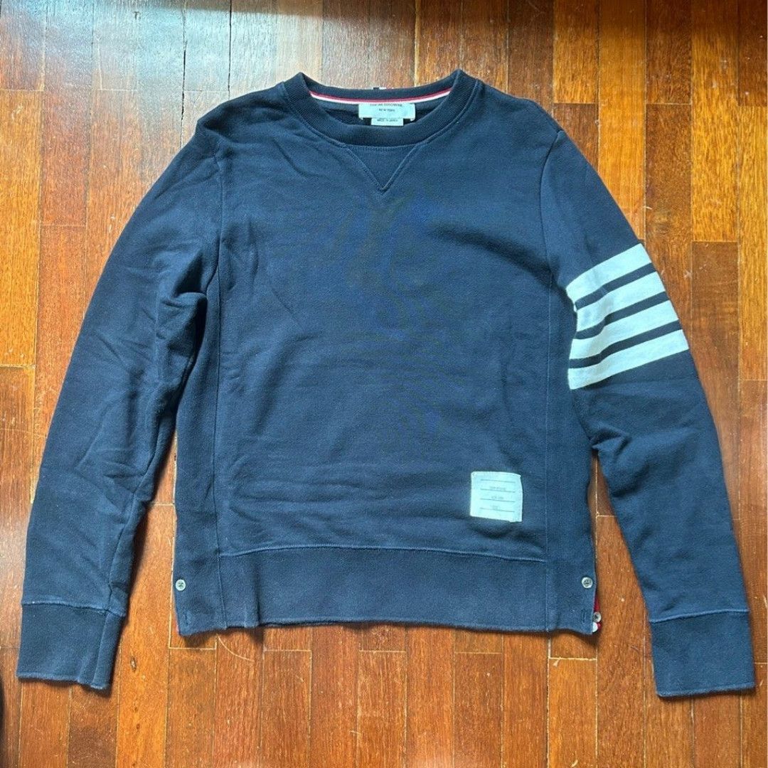 image of Thom Browne 4-Bar Crewneck Jumper Sweatshirt in Navy, Men's (Size Small)