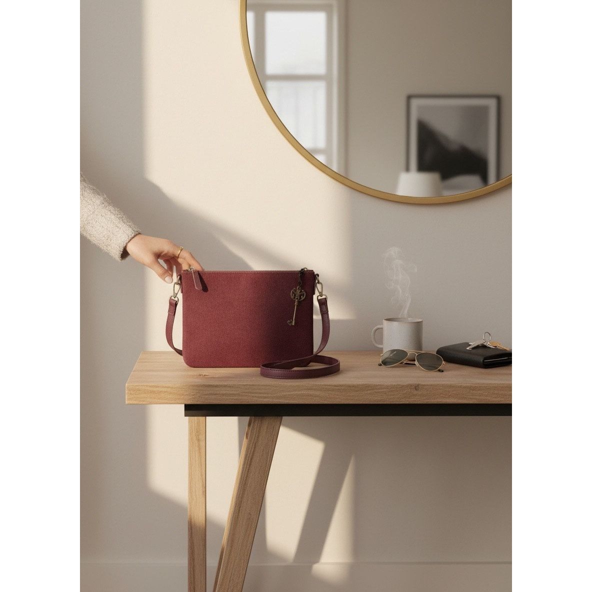 Old Navy Old Navy Burgundy Crossbody Bag Suede Key Charm 3 Pocket Size ONE SIZE - 5 Thumbnail