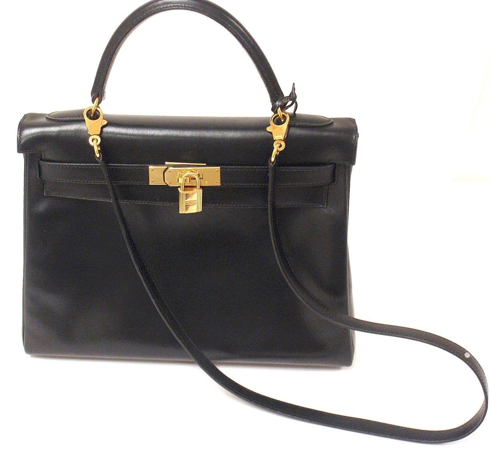 Hermes 32cm Black Box Leather Shoulder Kelly Handbag