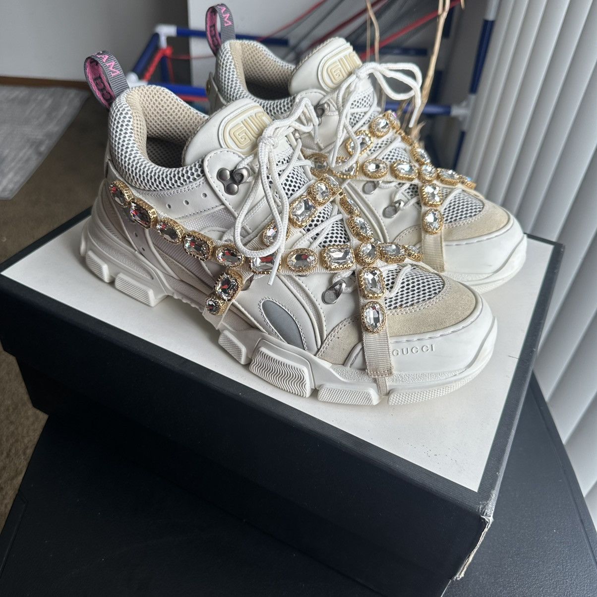 Gucci Mens $1590 Gucci Flashtrek Sneaker Boot Pure White Crystals Size US 12 / EU 45 - 1 Thumbnail
