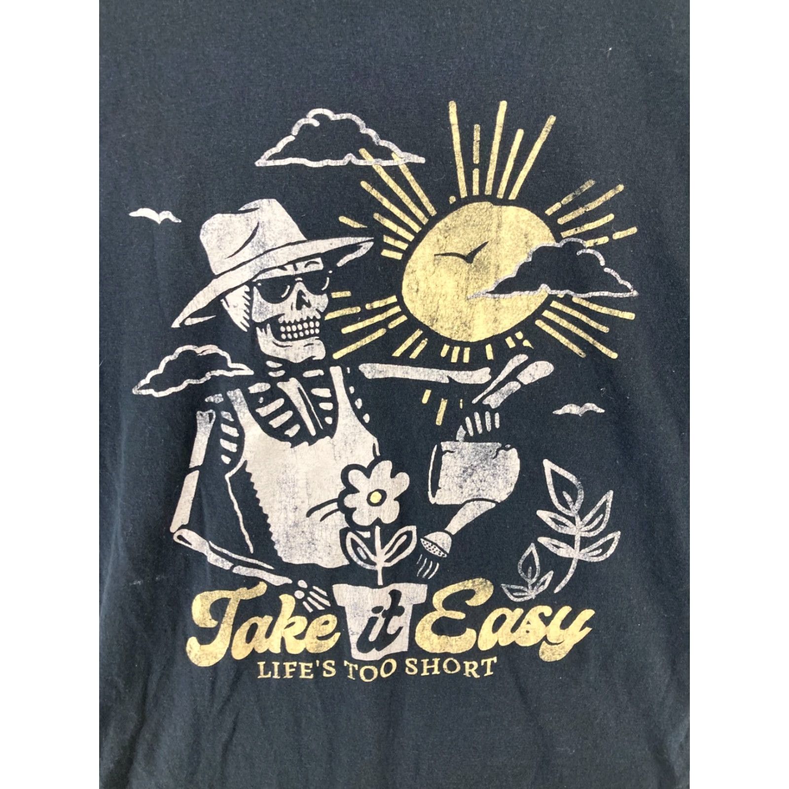 Vintage DOM Mens TShirt Large Black Skeleton Take It Easy Lifes Too Short Gardening Shirt Mens L Black Graphic Print Skull Funny 90s Theme Size US L / EU 52-54 / 3 - 4 Thumbnail