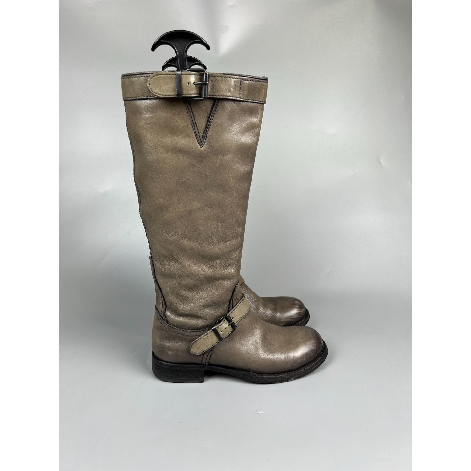 MoMA Moma Gray Leather Knee High Combat Boots (Y1007) Size US 7 / IT 37 - 1 Thumbnail