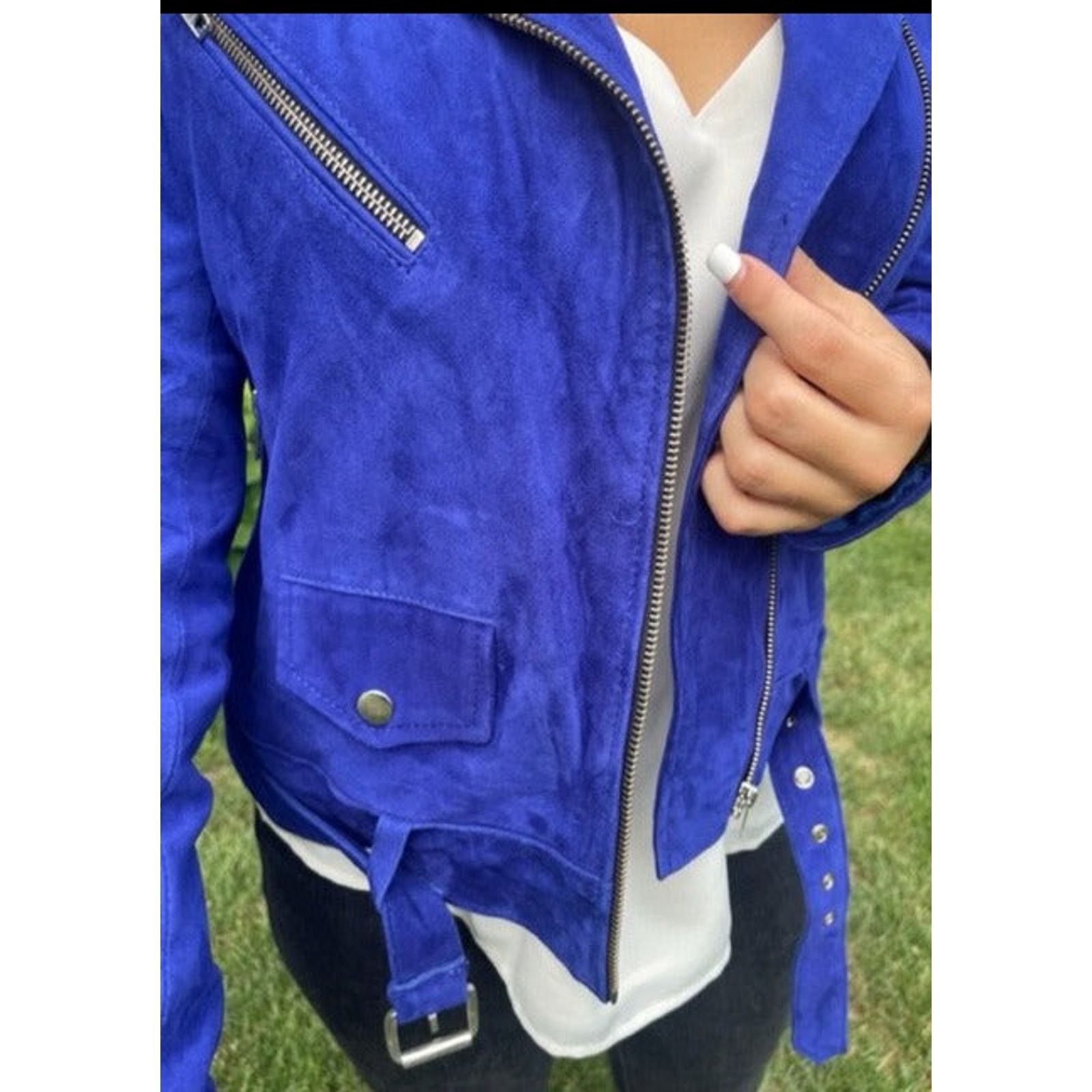 & Other Stories Sapphire Blue Suede Moto Belted Jacket Size S / US 4 / IT 40 - 7 Thumbnail