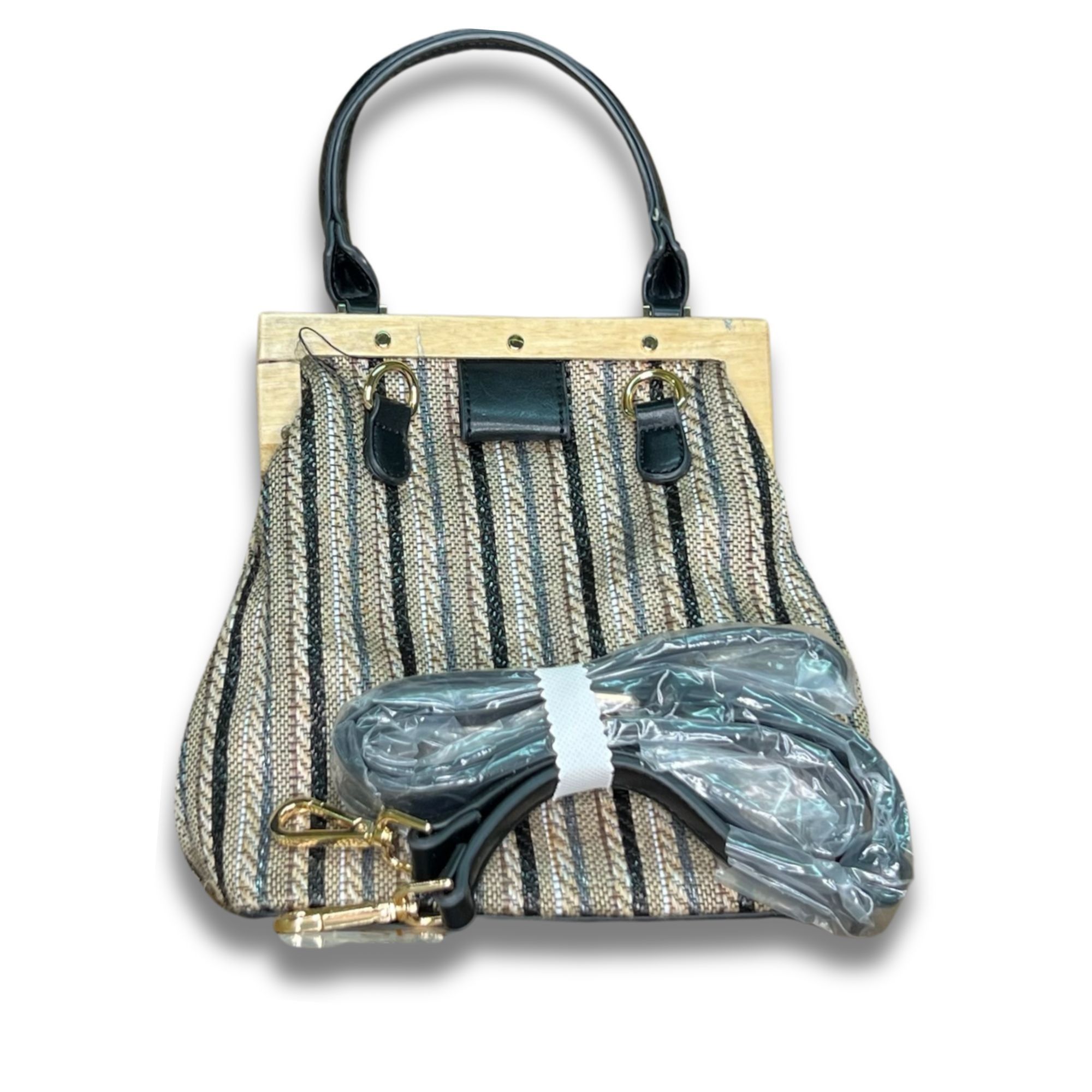 Other Street Level Striped Woven Fabric Handbag With Black & Wood Size ONE SIZE - 5 Thumbnail