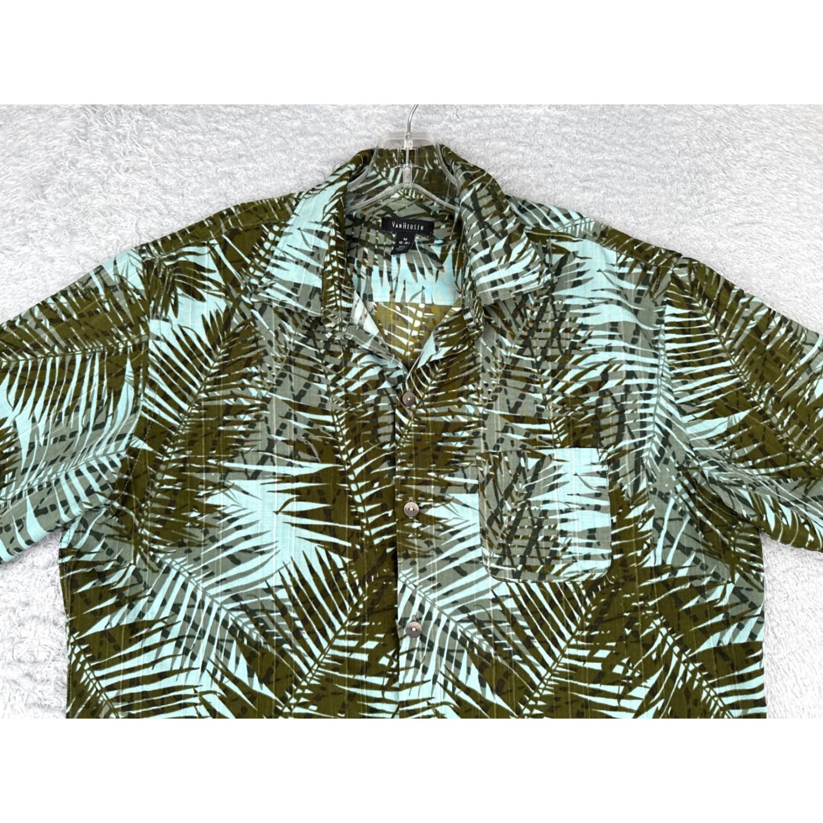 Van Heusen Van Heusen Shirt Adult M Blue Floral Leaf Hawaiian Polyester Button Mens Size US M / EU 48-50 / 2 - 4 Thumbnail