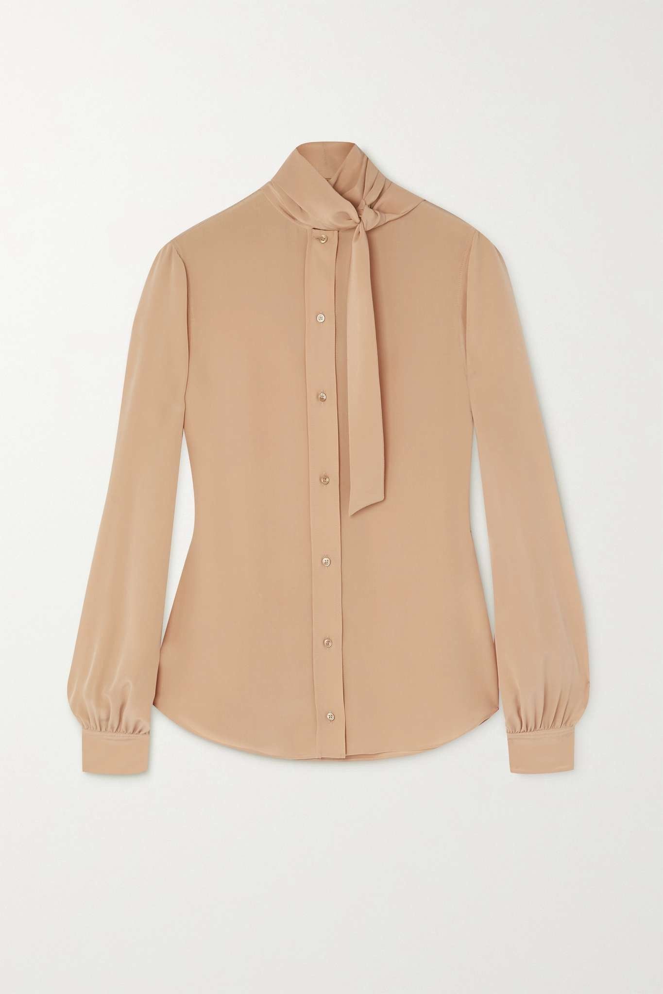 Saint Laurent Paris oc11z1025 Lavalliere Neck Shirt In Crepe De Chine in Beige Size S / US 4 / IT 40 - 1 Thumbnail