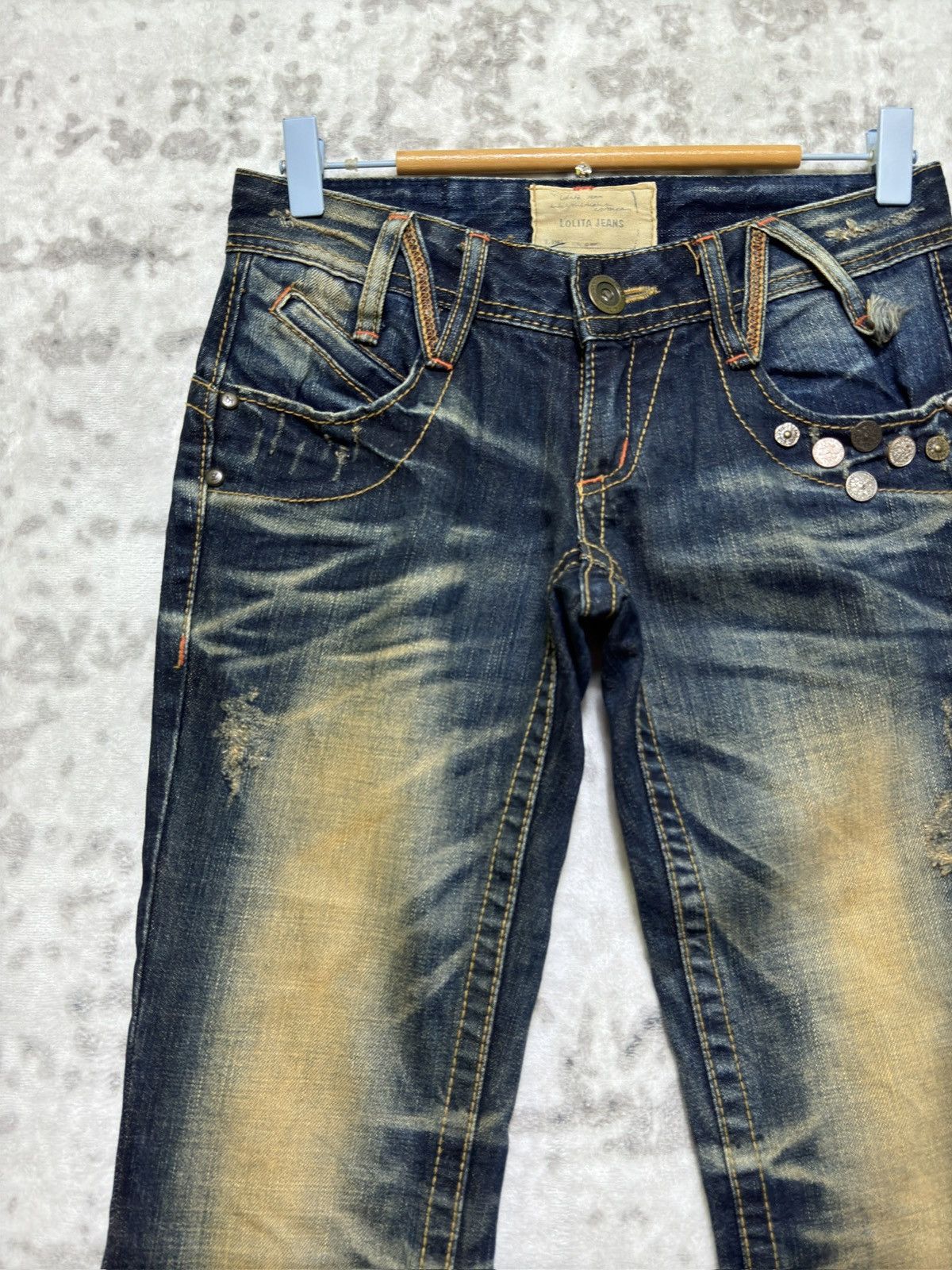 Japanese Brand Flared Lolita Jeans Muddy Wash Claw Mark Distressed Denim Size US 27 - 4 Thumbnail