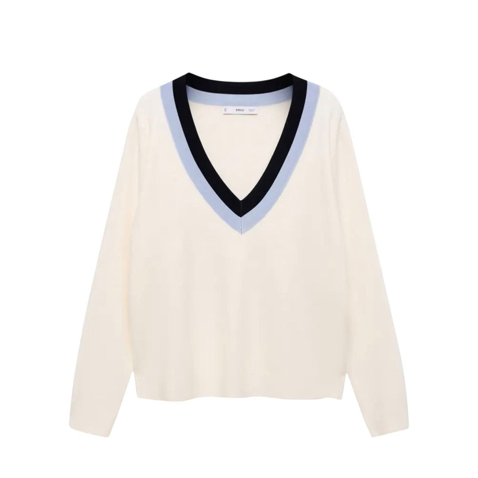 Mango Mango NEW V Neck Varsity Sweater Pullover Cream and Blue Size M / US 6-8 / IT 42-44 - 1 Thumbnail