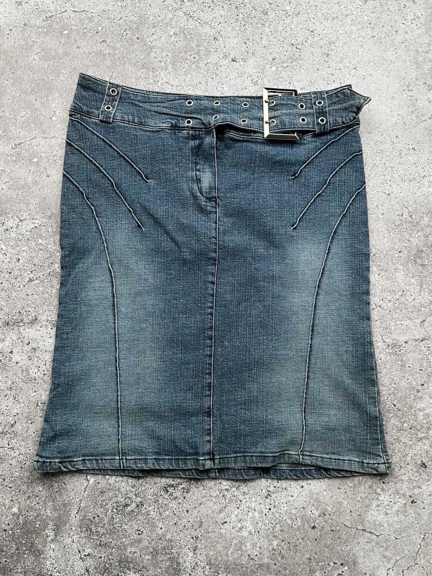 image of Avant Garde Vintage Denim Belt Skirt in Blue, Women's (Size 27)