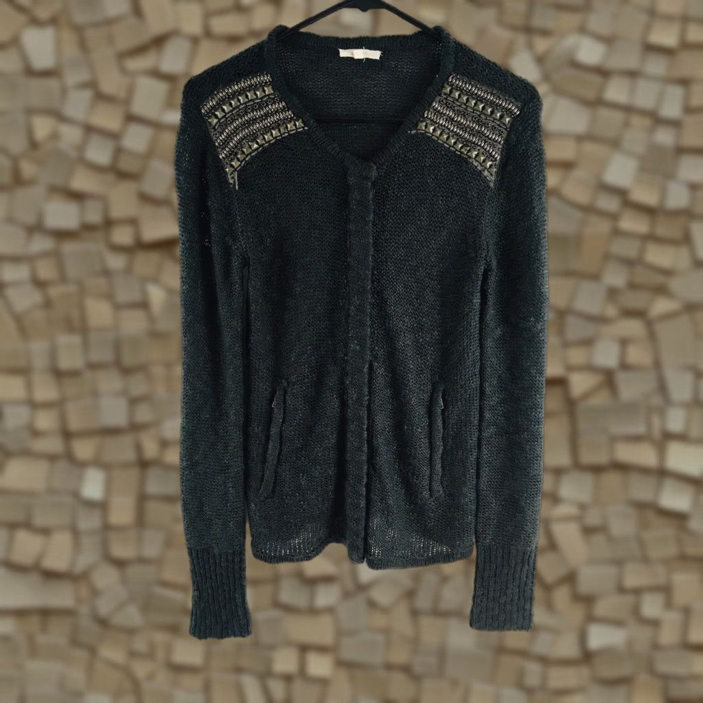 Vintage Mystree Sweater Cardigan Women M Gray Beaded Zip Up Ribbed Cuff Boho Knit Long Sleeve Full Zip Womens Size M / US 6-8 / IT 42-44 - 1 Thumbnail