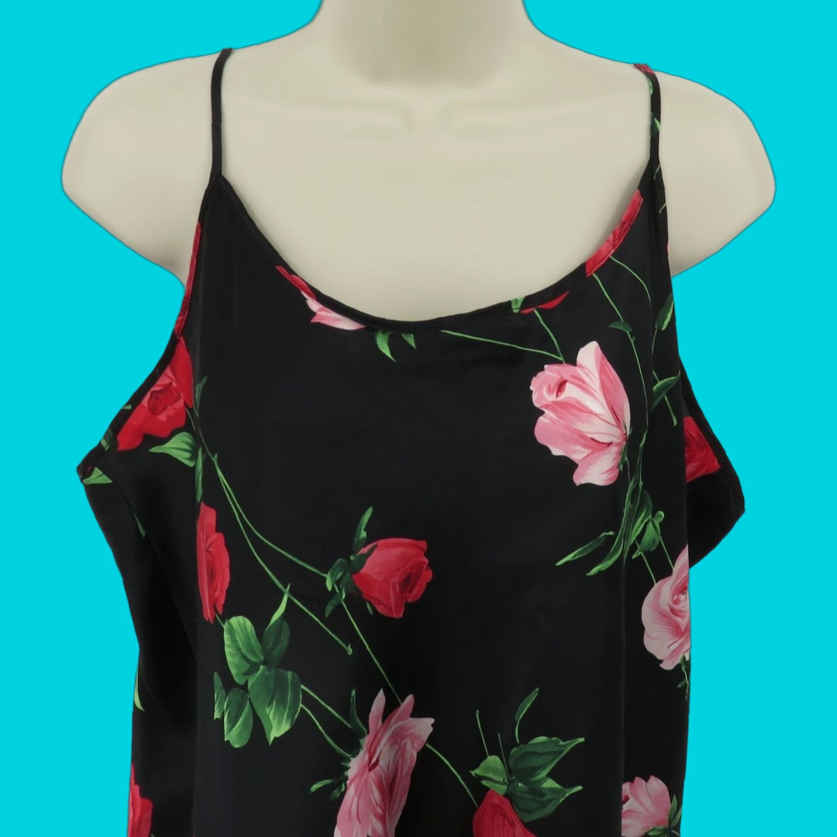 Vintage Secret Treasures Women Plus Size 1XL Rose Flower Floral Nightgown Sleep Dress Sleeveless Pullover Satin Polyester Black Cap Size XL / US 12-14 / IT 48-50 - 1 Thumbnail