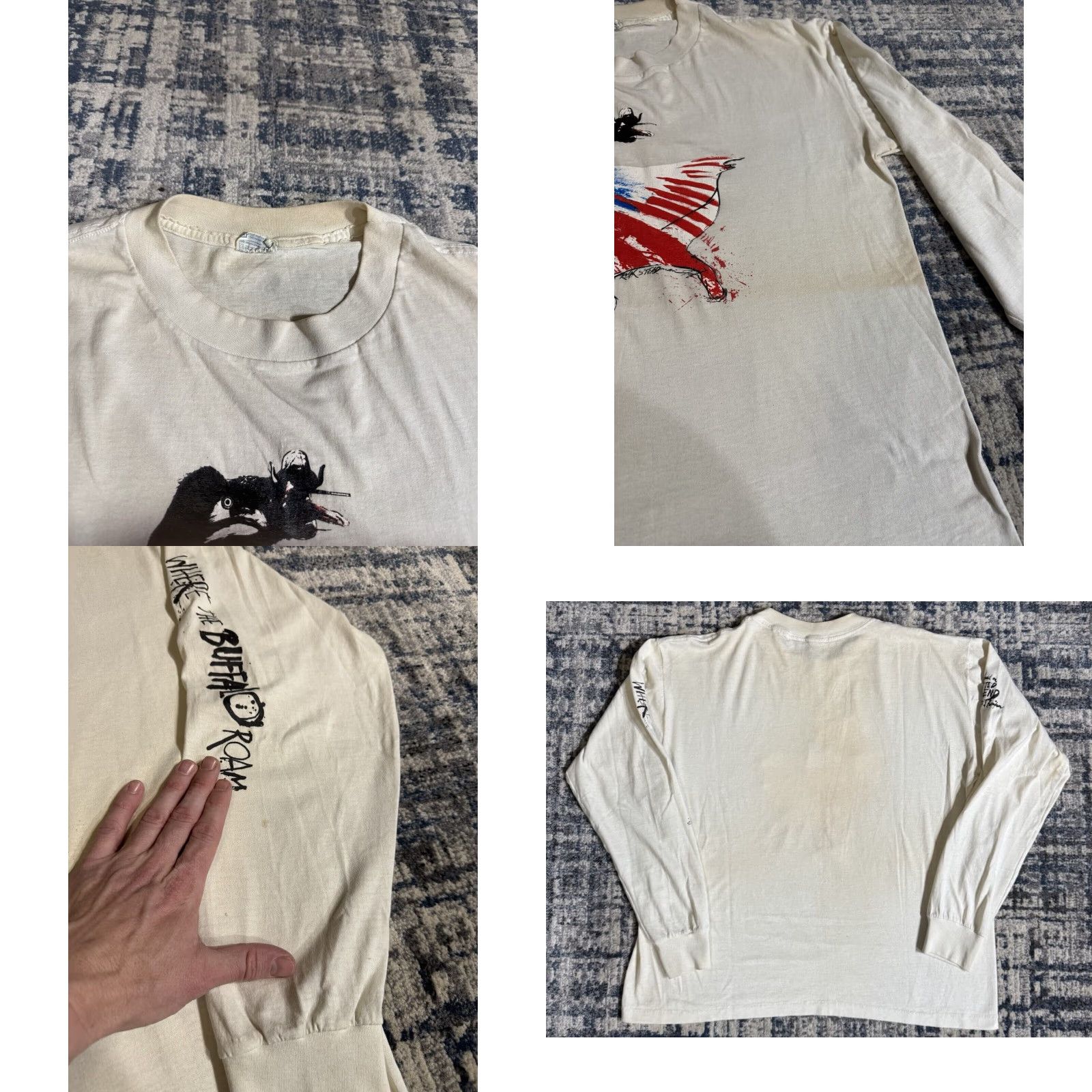 Vintage VINTAGE National 80s Where The Buffalo Roam T Shirt XL Men White Cotton Graphic Print Crew Neck Long Sleeve Logo Movie Band Art Womens? Size US XL / EU 56 / 4 - 8 Thumbnail