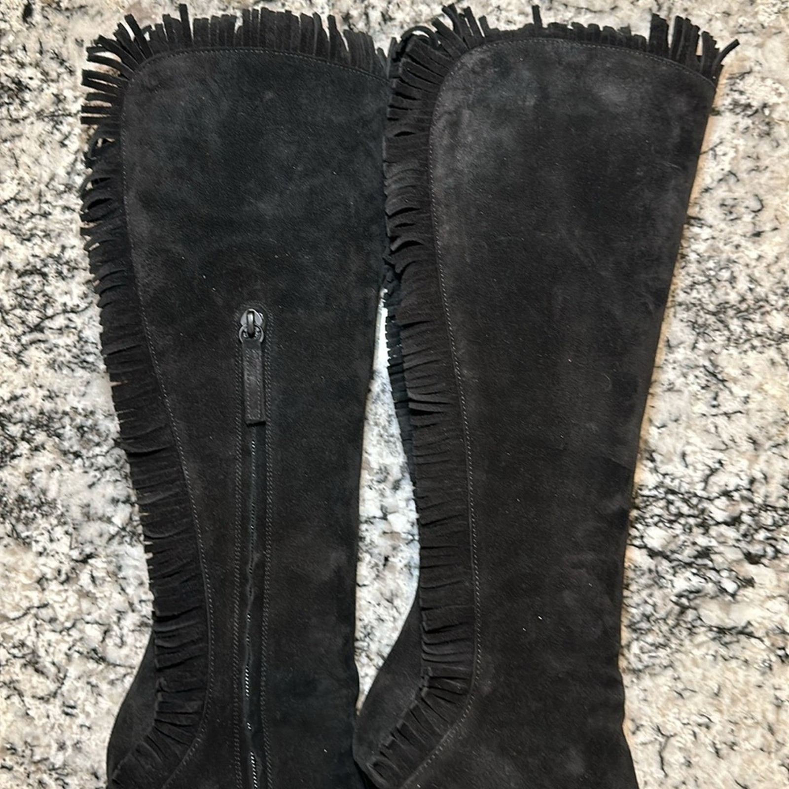 St. John Suede Fringe Knee High Heeled Boots - 7B