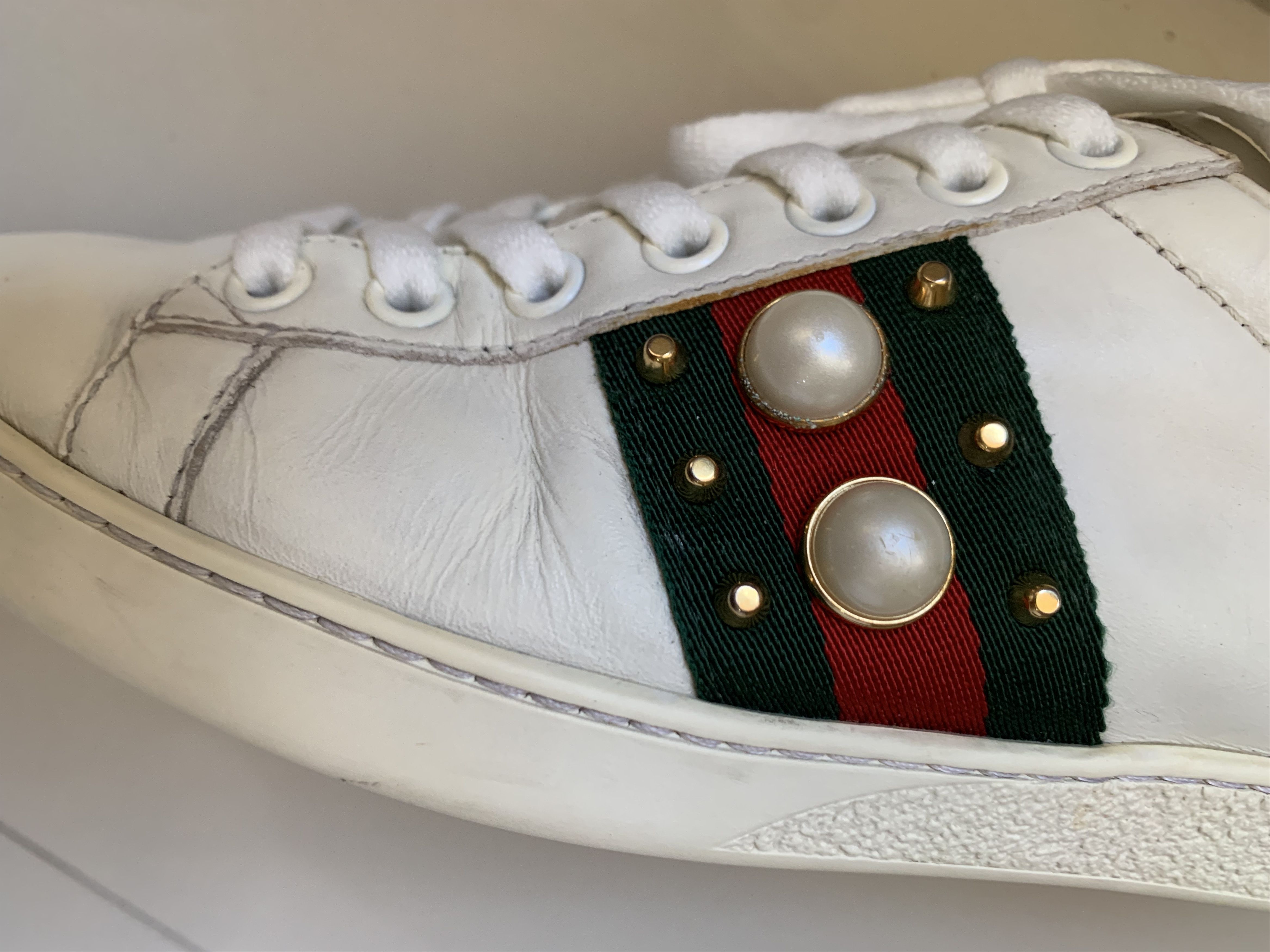 Gucci Gucci White Leather Pearl Studded Ace Low Sneakers EU 35 Size US 5 / IT 35 - 17 Thumbnail