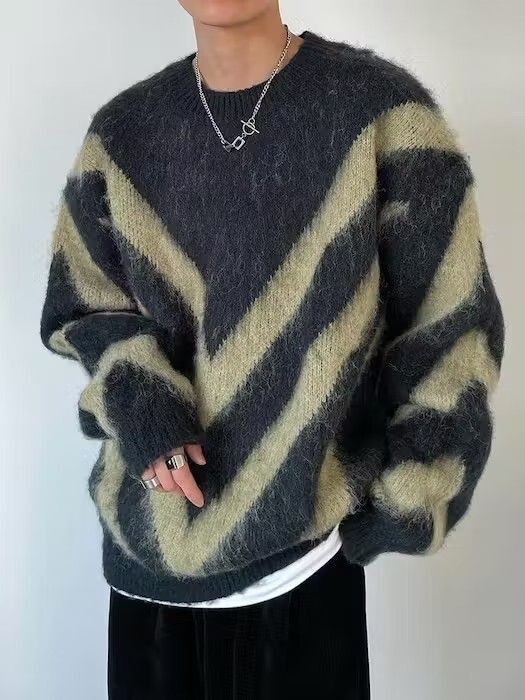 image of Vintage Luxury Knitted Striped Sweater in Black, Men's (Size Large)