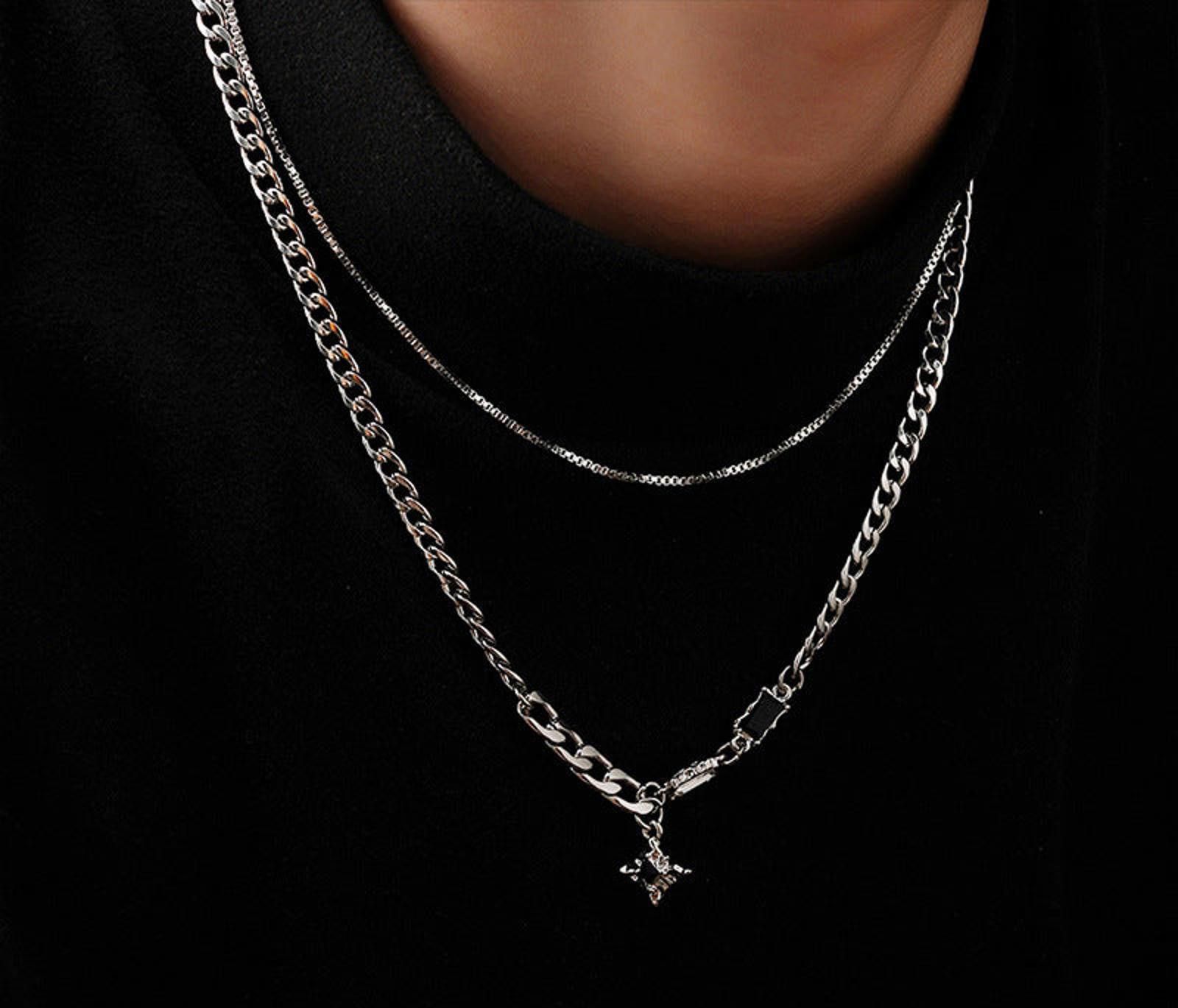 Jewelry Silver Layered Chain Necklace with Black Gem Pendant Size ONE SIZE - 1 Thumbnail