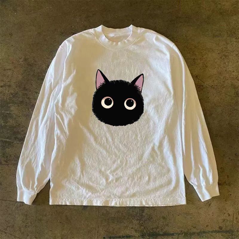 Japanese Brand × Vintage Little black cat print white washed retro long sleeve tee Size US L / EU 52-54 / 3 - 1 Thumbnail