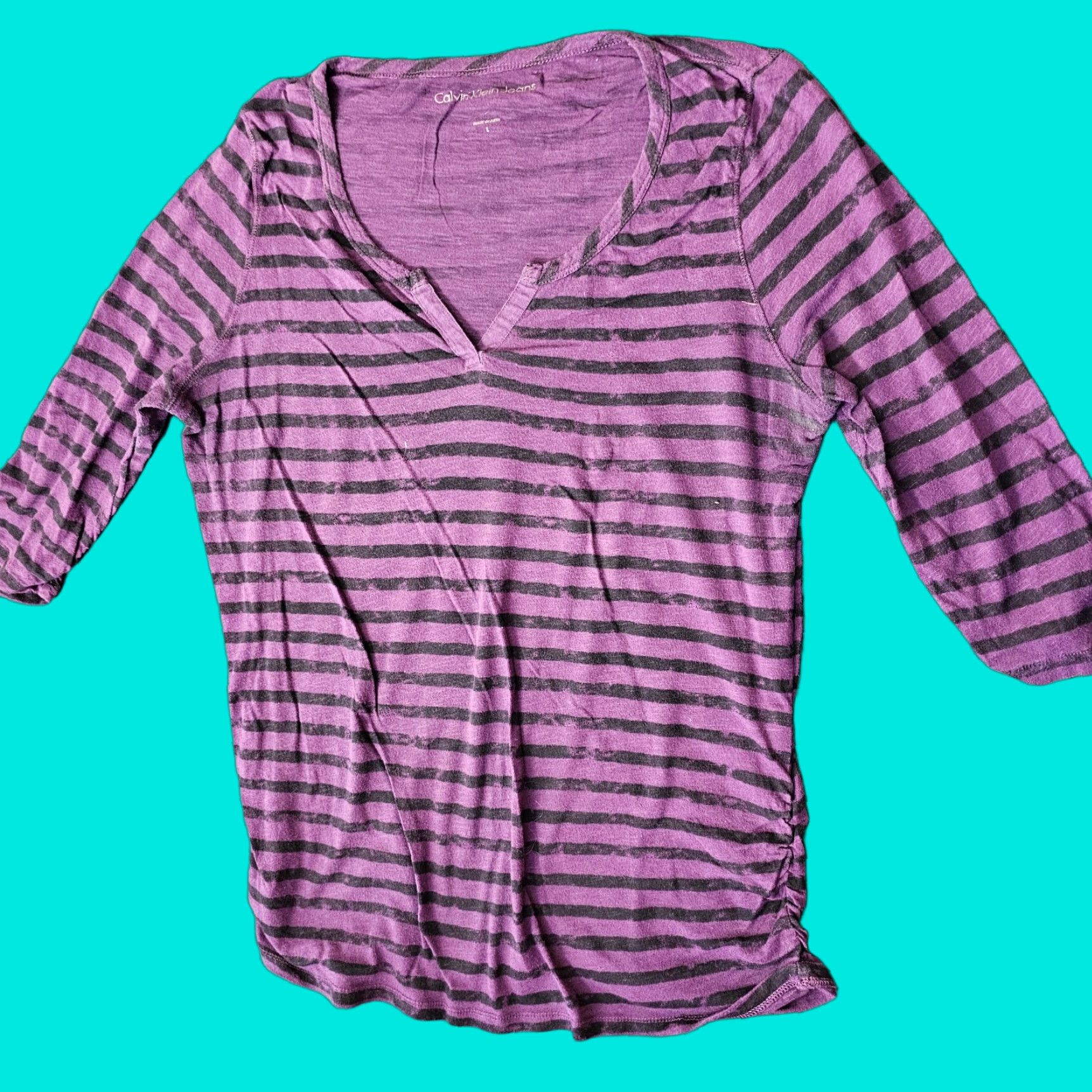 Calvin Klein Calvin Klein Jeans Blouse Women’s V Neck Long Sleeve Purple Stripe Casual Split Size L / US 10 / IT 46 - 1 Thumbnail