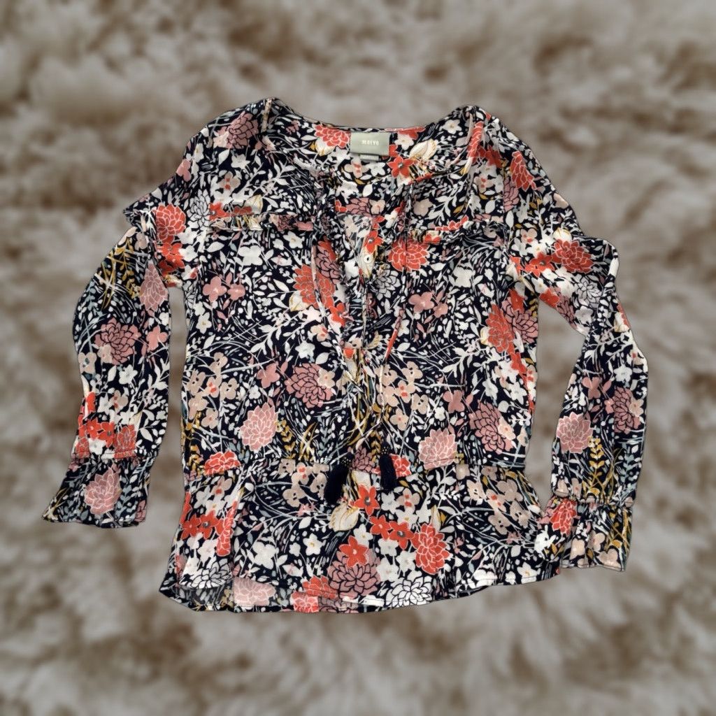 VINTAGE Anthropologie Maeve Blouse Women's Small Floral Rayon Blue Ruffle V-Neck Fall Winter Spring