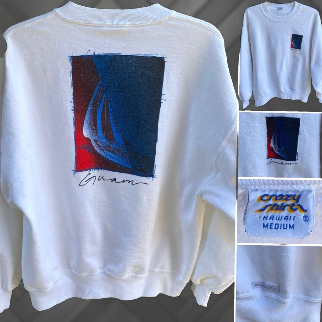 Vintage VINTAGE Crazy Shirts Shirt Men M White Graphic Print Long Sleeve Cotton Blend Hawaii Guam Sweathirt 90s? (Note: avoid adding uncertain decade) Size US M / EU 48-50 / 2 - 1 Thumbnail