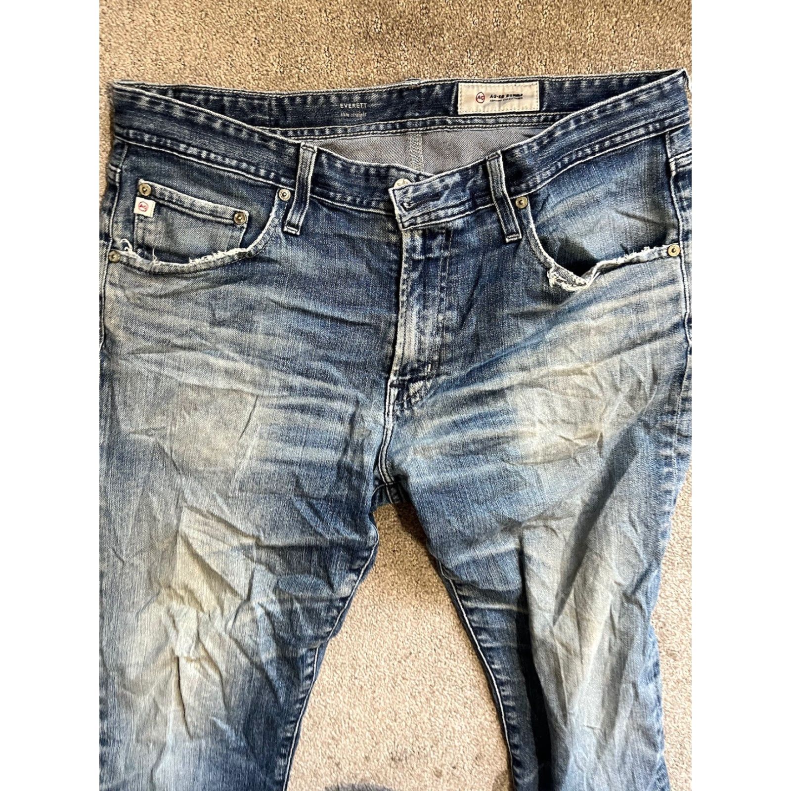 Denime AG Adriano Goldschmied The Everett Jeans Slim Straight Stretch 34x26 Blue Denim Mens Regular City USA Designer Comfort Slimming 5-Pocket Zipper Button Size US 34 / EU 50 - 3 Thumbnail