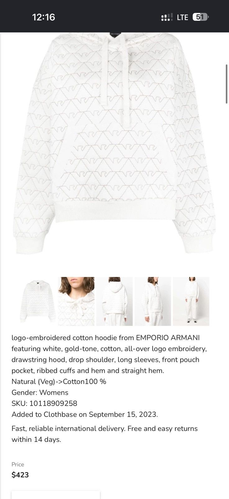 Emporio Armani Emporio Armani Women Quilted Monogram Hoodie White Oversized Size XL / US 12-14 / IT 48-50 - 8 Thumbnail